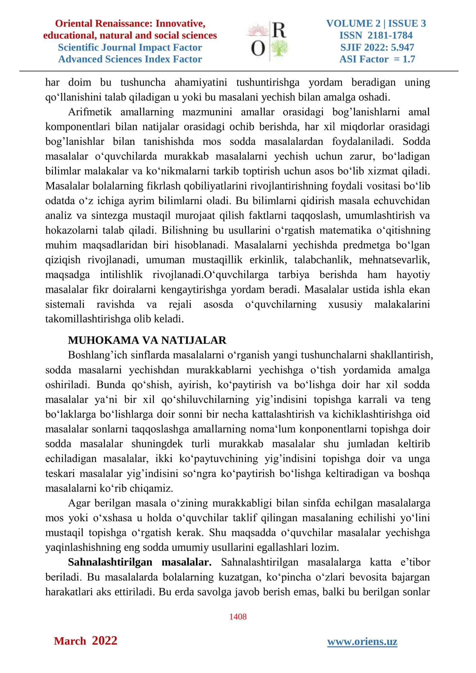 MATEMATIKA DARSLARIDA BOSHLANG'ICH SINF O‘QUVCHILARINING MANTIQIY FIKRLASHLARINI SHAKLLANTIRISH 3