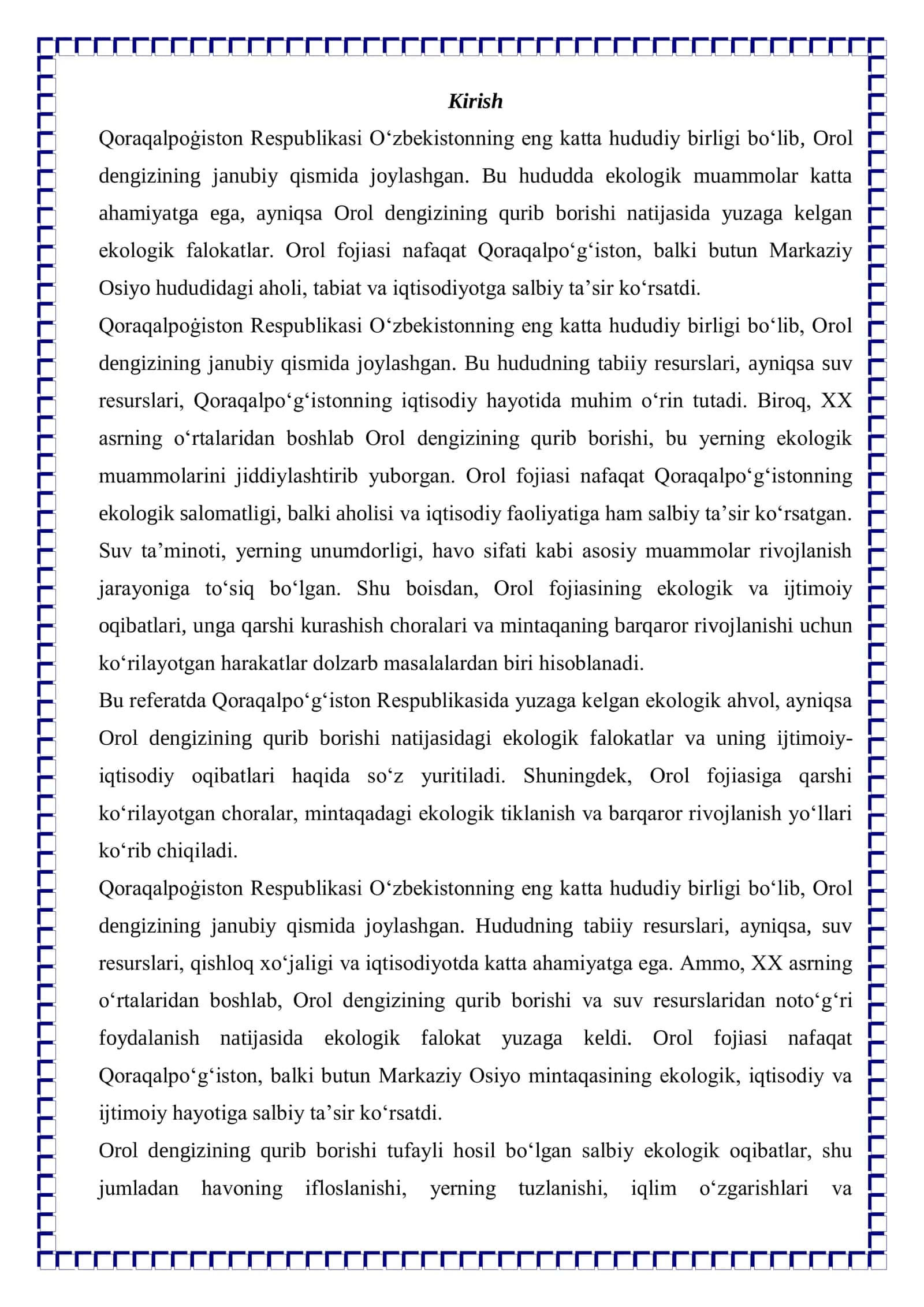 Qoraqalpoġiston Respublikasida ekologik ahvol. Orol fojiasi 3