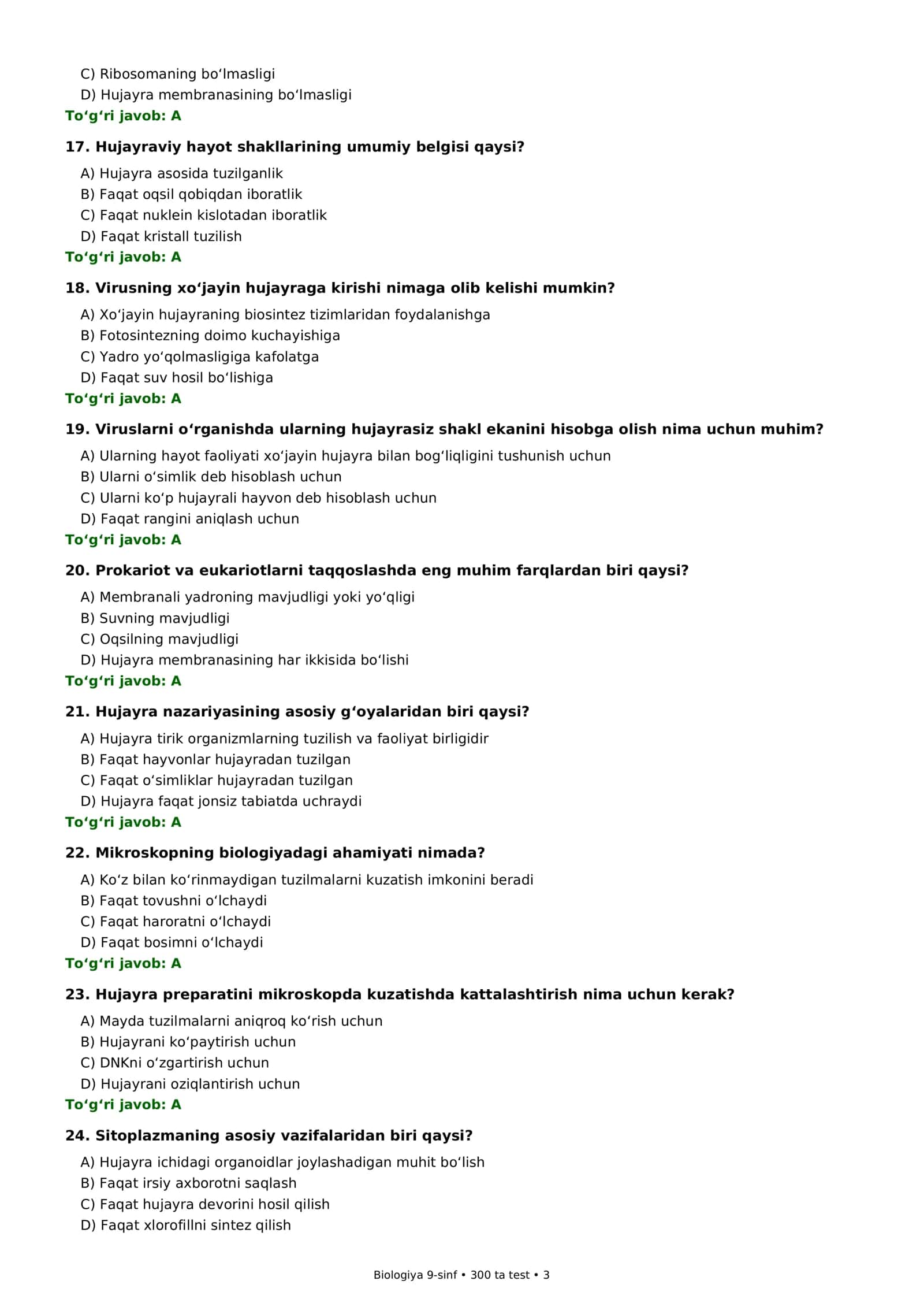 9-SINF BIOLOGIYA — 300 TA TEST + JAVOBLAR 3