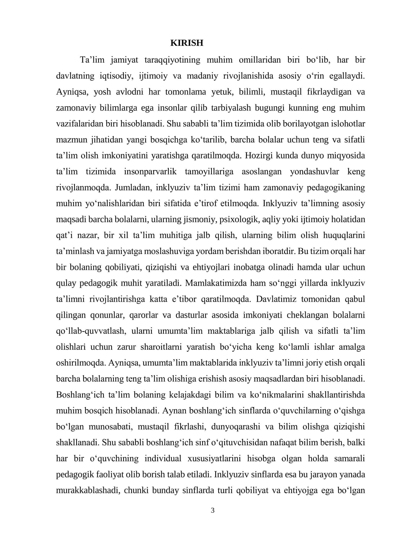 BOSHLANG`ICH SINF MATMATIKA 
TA`LIMIDA INKLYUZIV YONDASHUVNING 
METODIK JIHATLARI 3