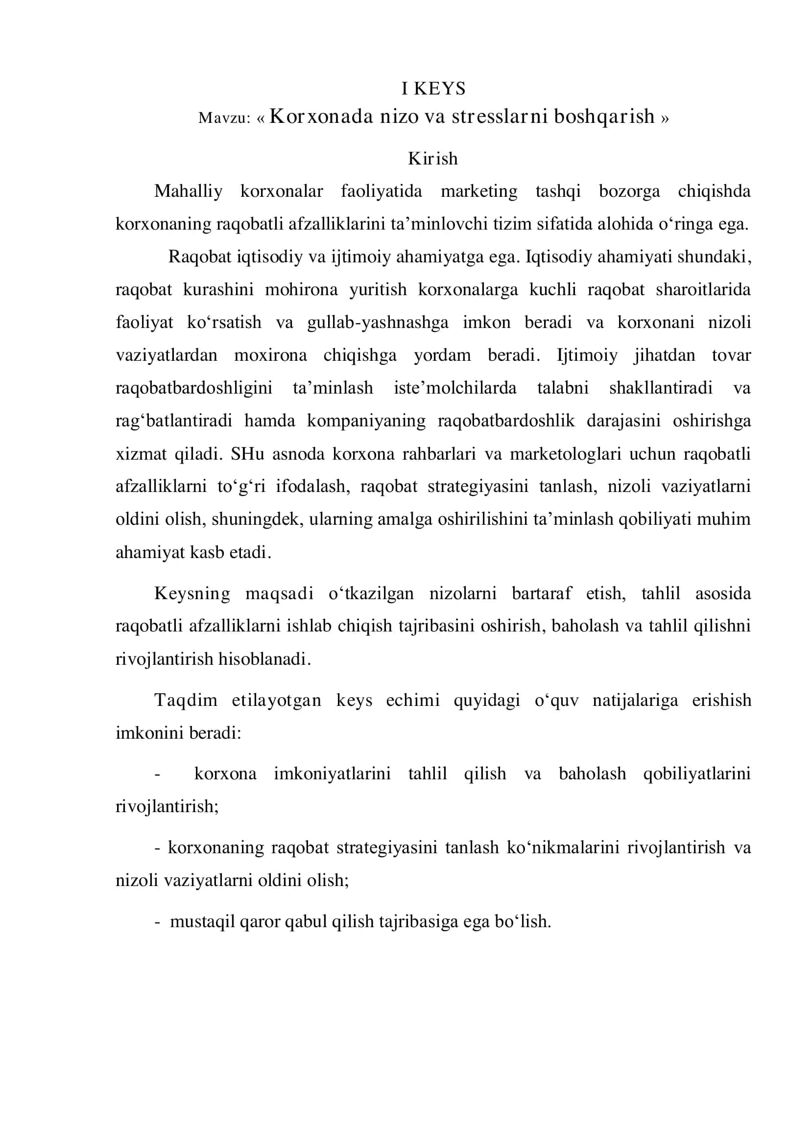 Korxonada nizo va stresslarni boshqarish. Keys-stadi 3