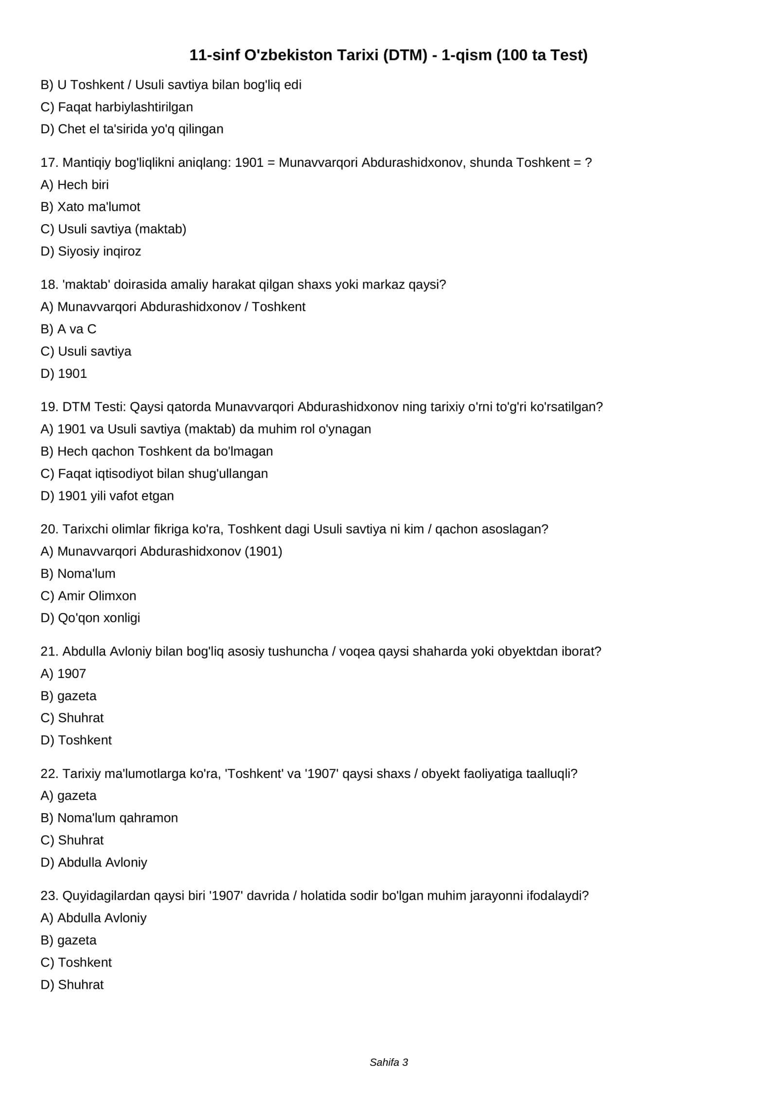 11-sinf O'zbekiston Tarixi (DTM) - 1-qism (100 ta Test) 3
