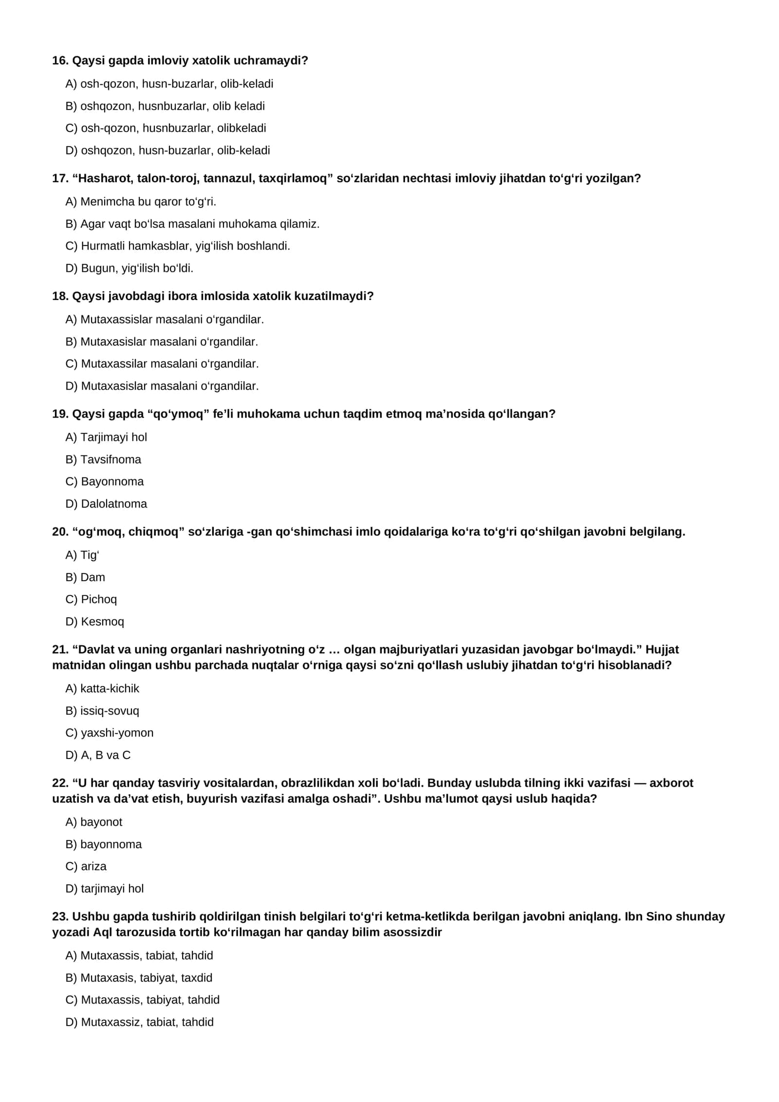 AGROS Davlat tili test savol-javoblari 3