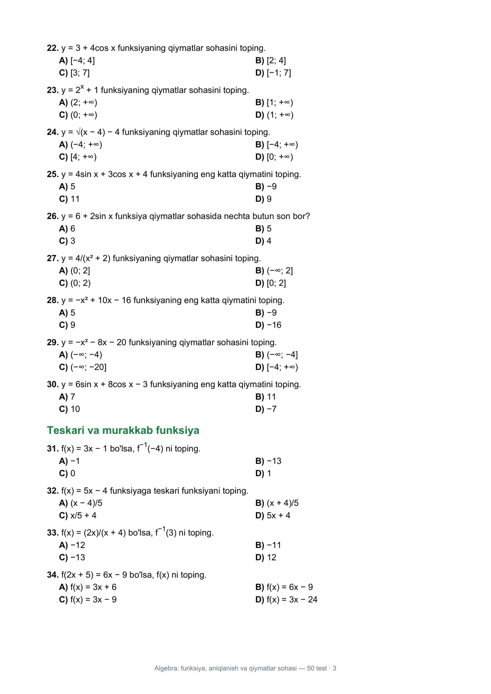 Algebra: funksiya, aniqlanish va qiymatlar sohasi 3