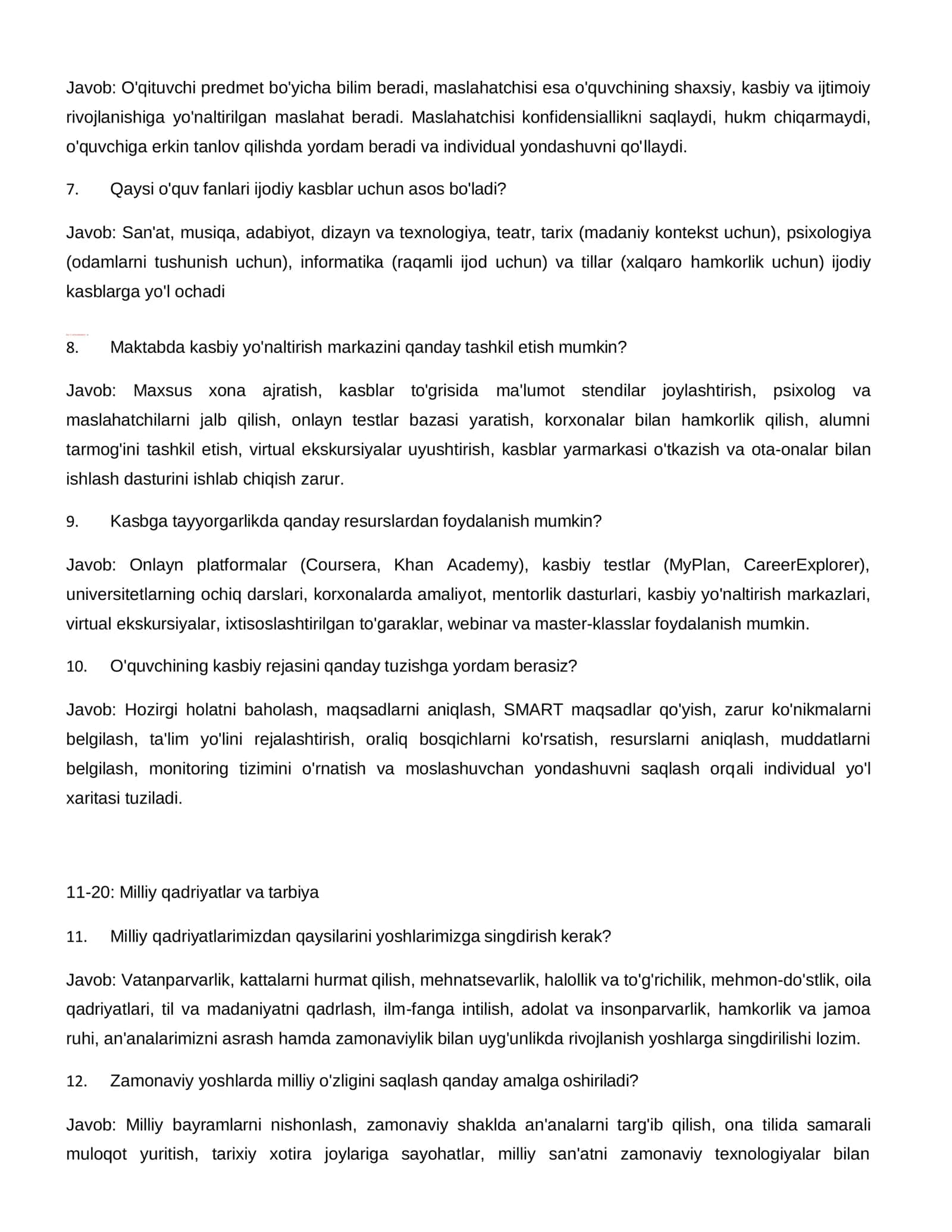 Maktab maslahatchisi lavozimi uchun imtihon savollari va javoblari TA'LIM SOHASIDAGI SAVOLLAR 3