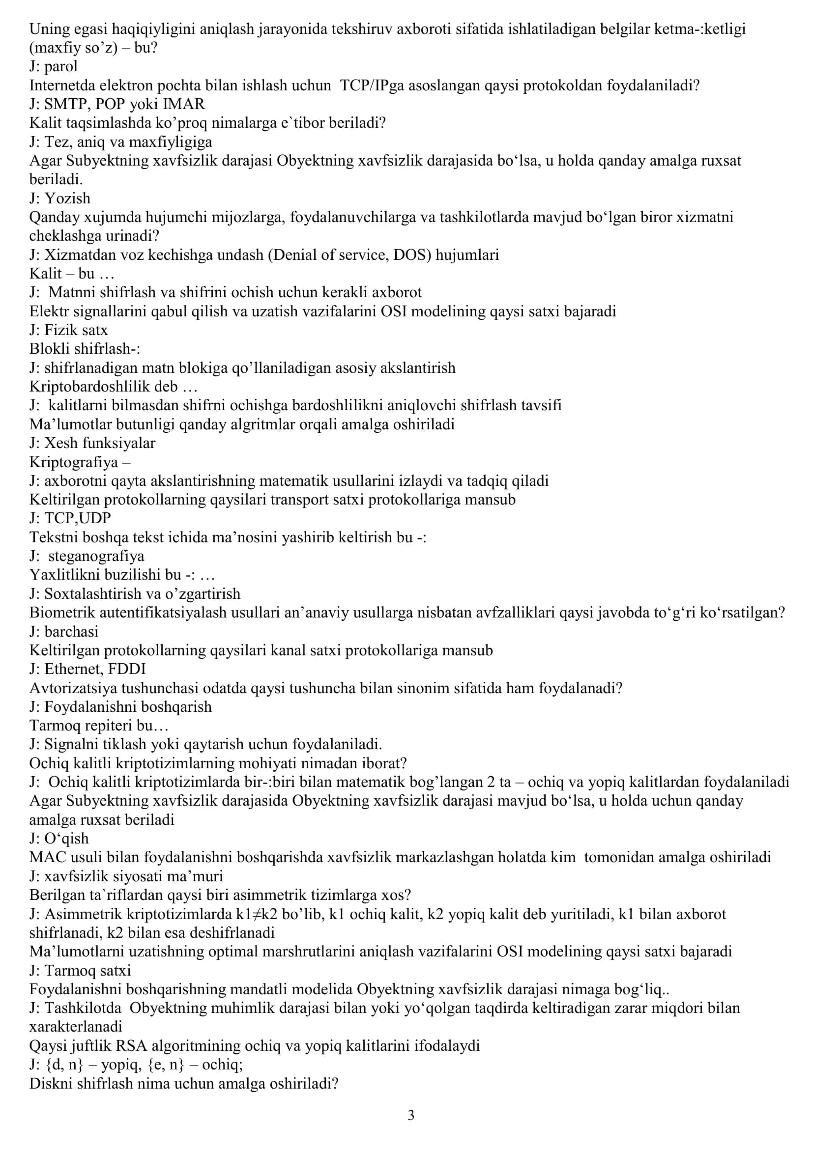 Kiberxavfsizlik asoslari test savollari javoblari 3
