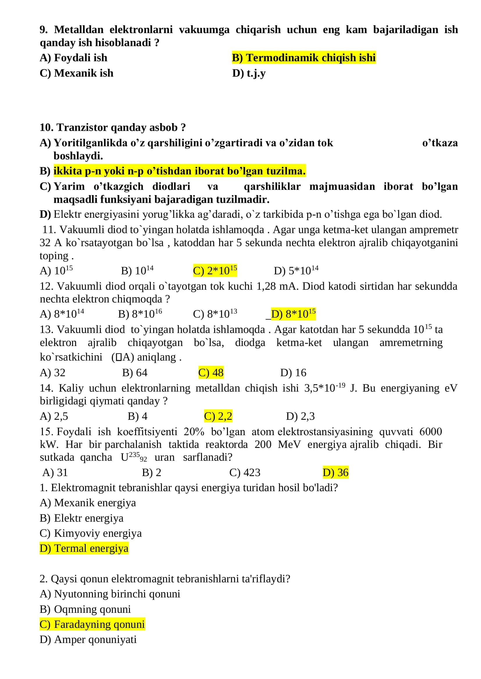 Fizika fanidan Yakuniy nazorat test javoblari bilan 3