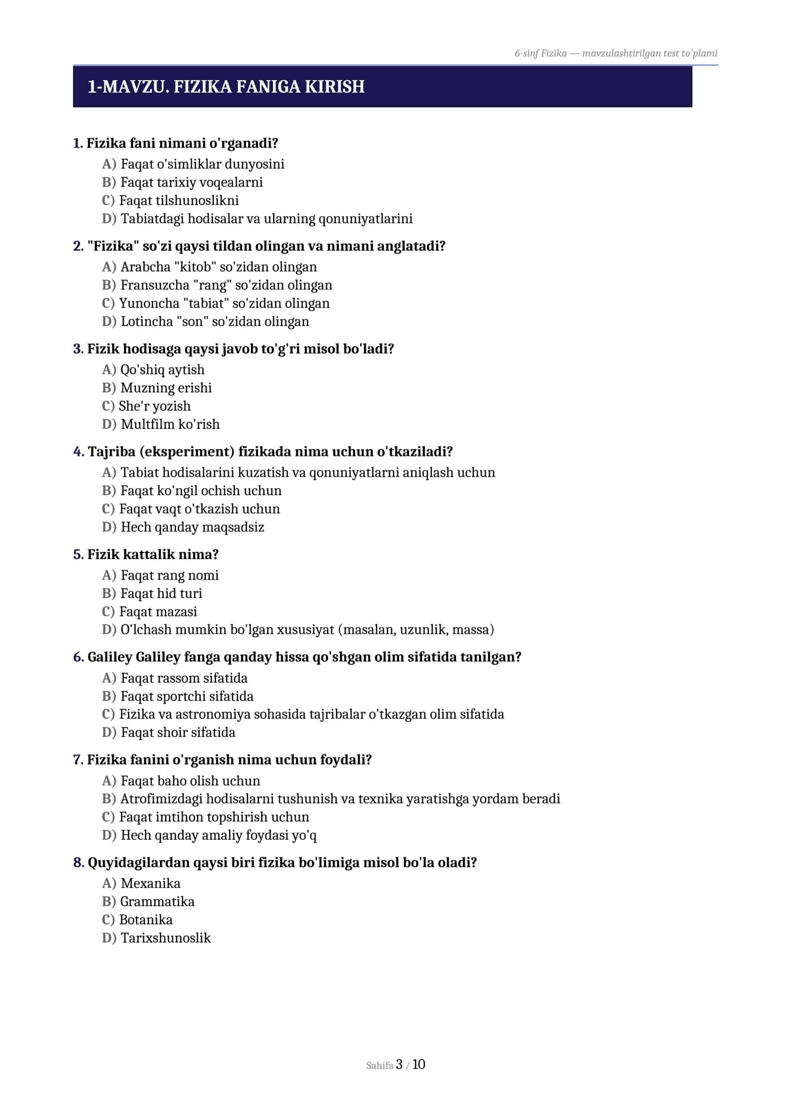 6-sinf Fizika testlari 3