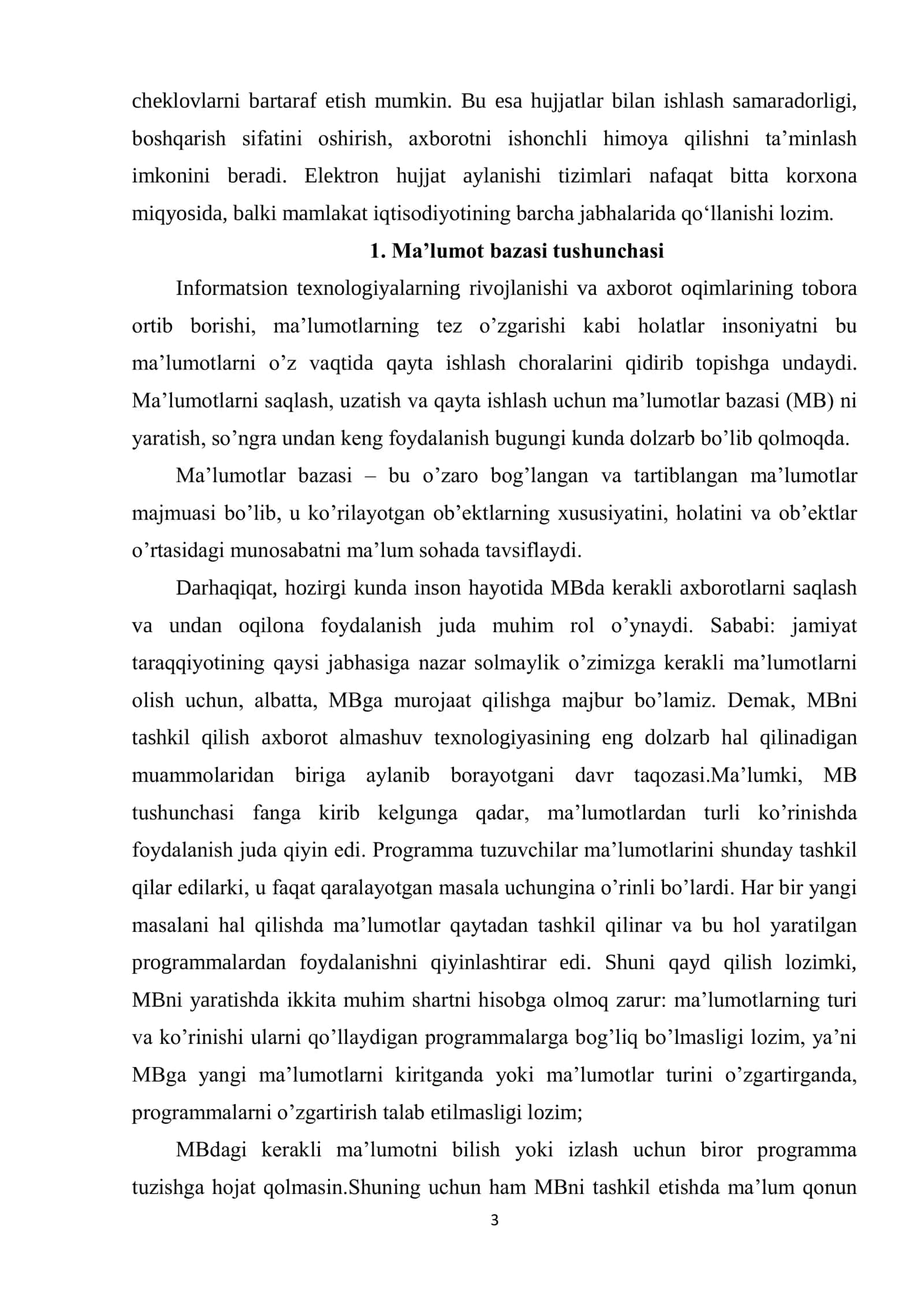 “MA’LUMOTLAR BAZASI TEXNOLOGOYALARI FANIDAN” KURS ISHI 3