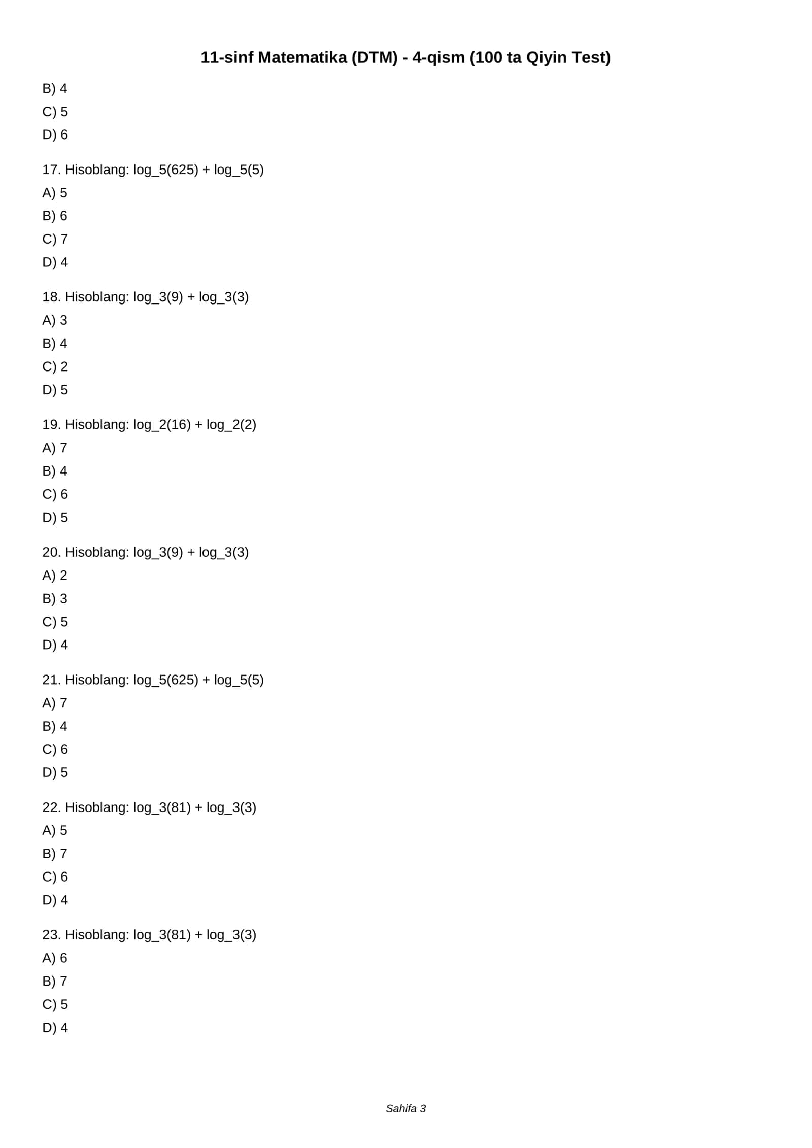 11-sinf Matematika (DTM) - 4-qism (100 ta Qiyin Test) 3