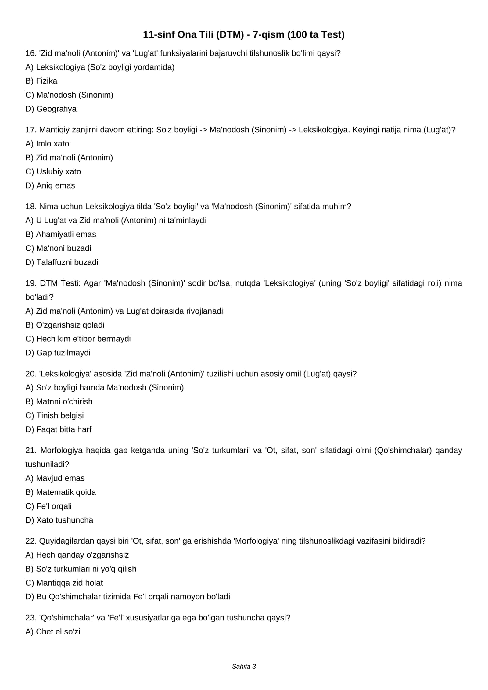 11-sinf Ona Tili (DTM) - 7-qism (100 ta Test) 3