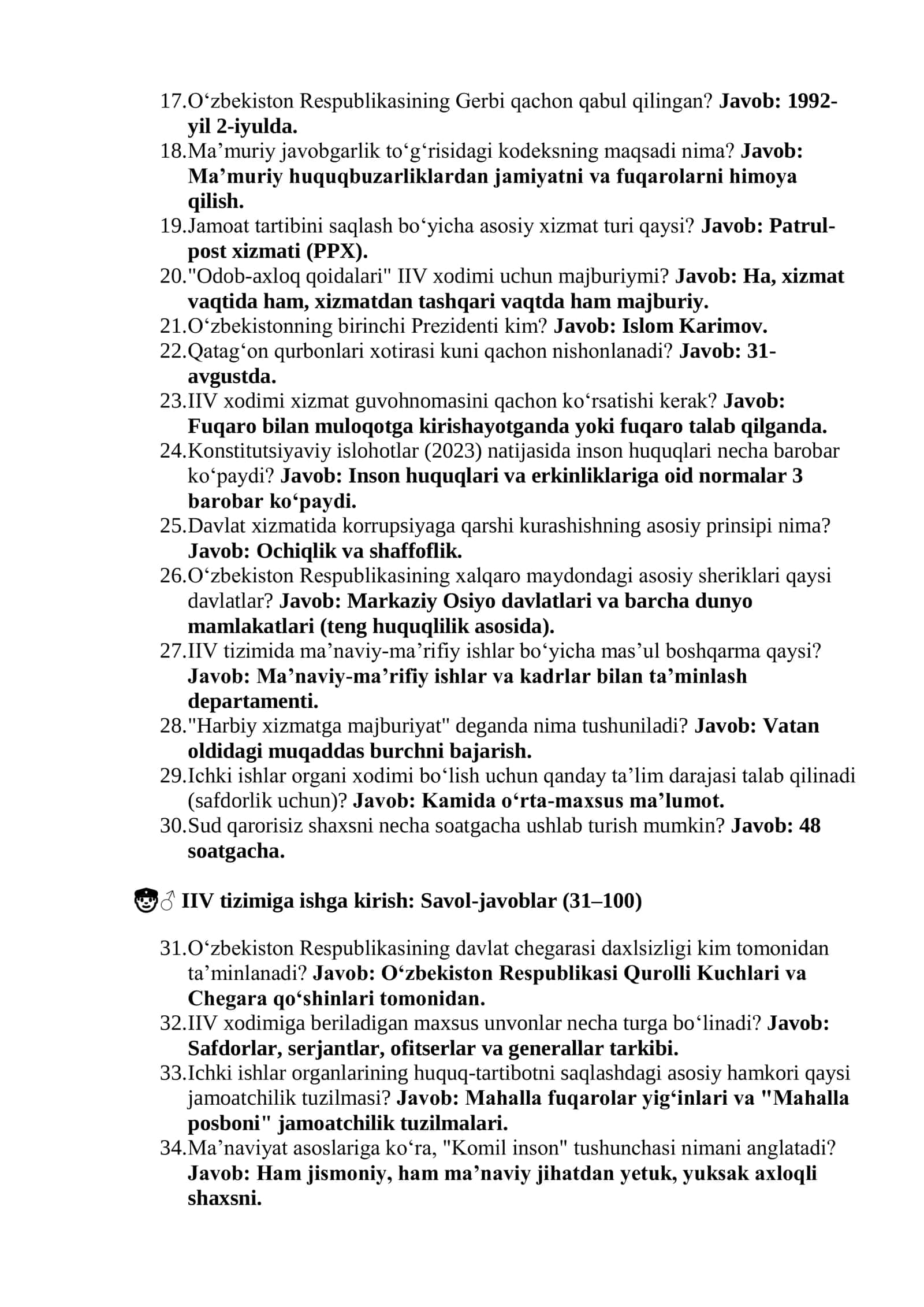 IIV Safdorlik va Serjantlik imtihonlari: 400 ta saralangan DTM test va javoblar bazasi 3