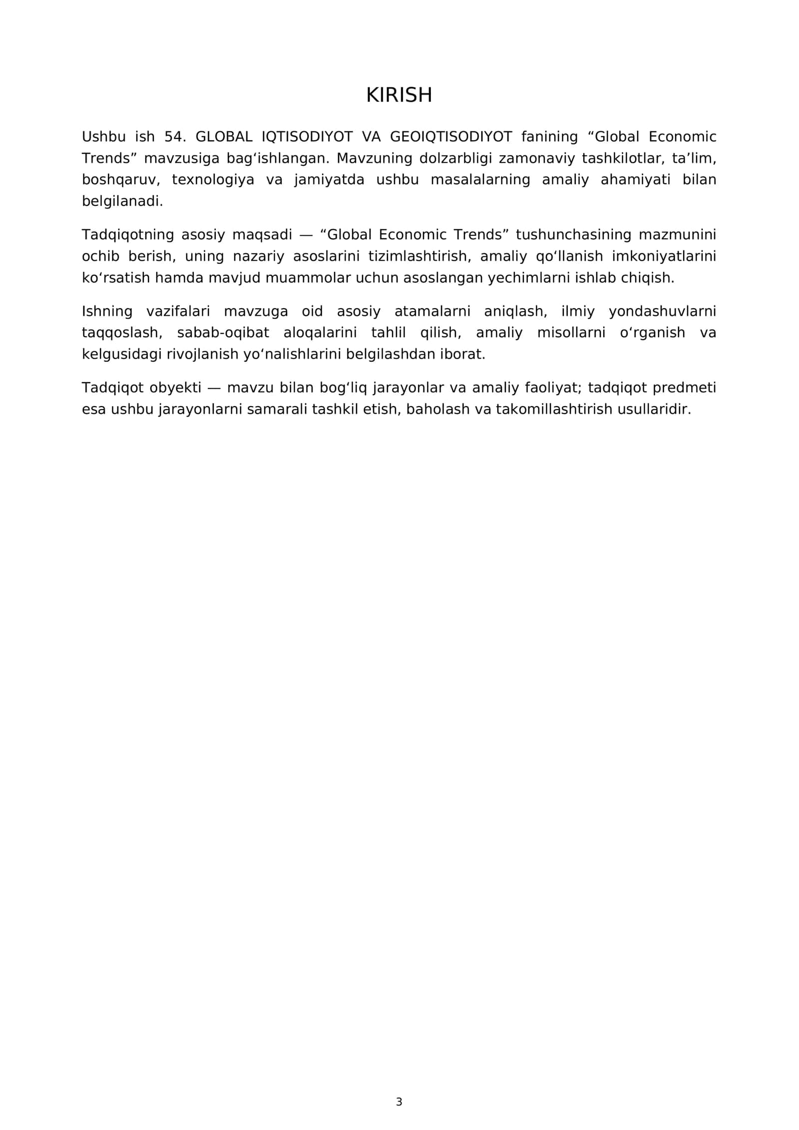 54. GLOBAL IQTISODIYOT VA GEOIQTISODIYOT MUSTAQIL ISH / KURS ISHI 3