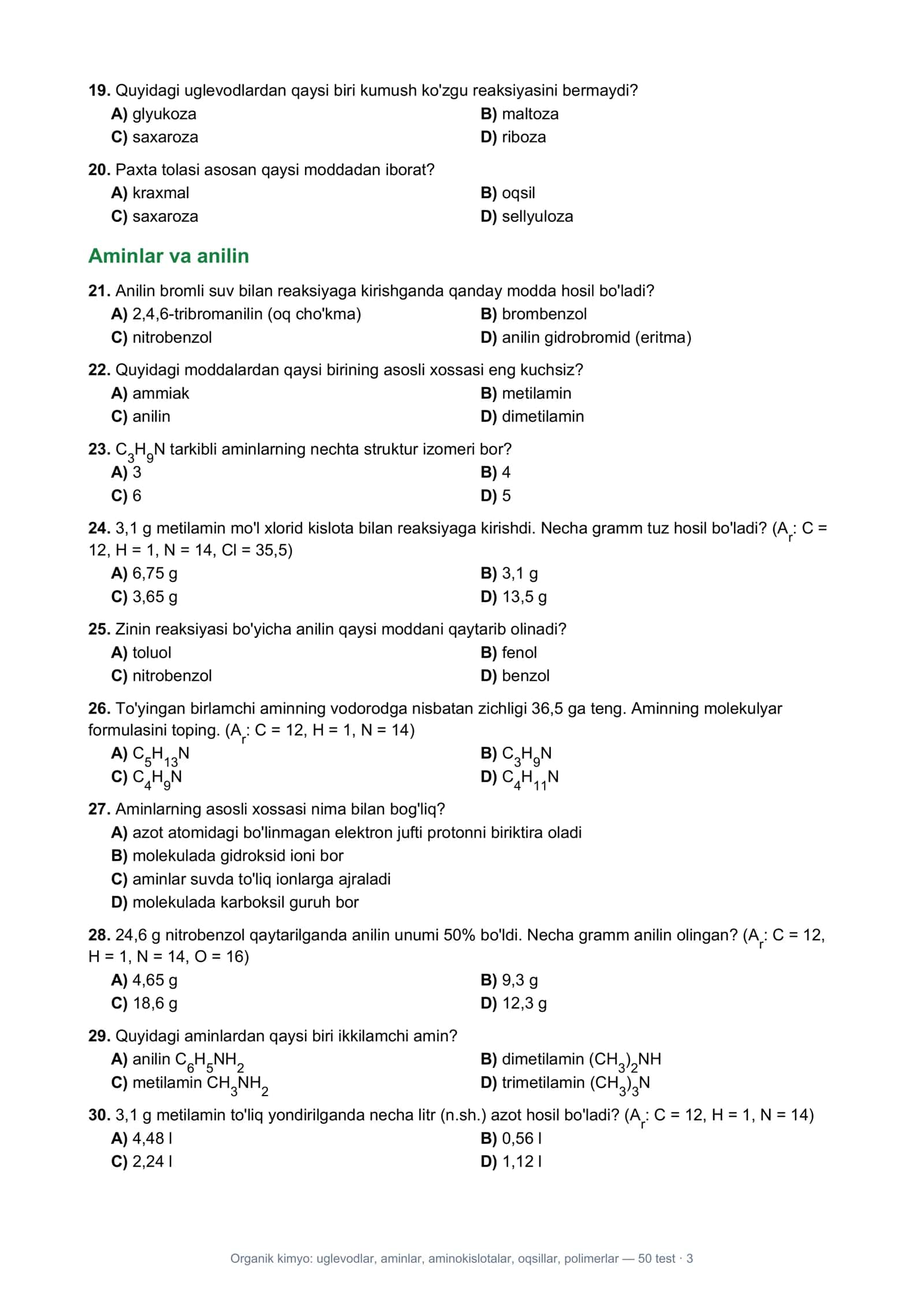Organik kimyo: uglevodlar, aminlar, aminokislotalar, oqsillar, polimerlar — 50 test 3