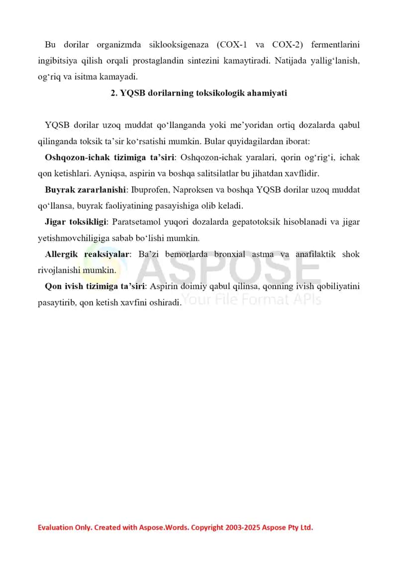 3. Yallig'lanishga qarshi steroid bo'lmagan dorilar. Toksikologik ahamiyati, izolyatsiyasi, sifat va miqdoriy tahlili. Referat 8 bet. 3