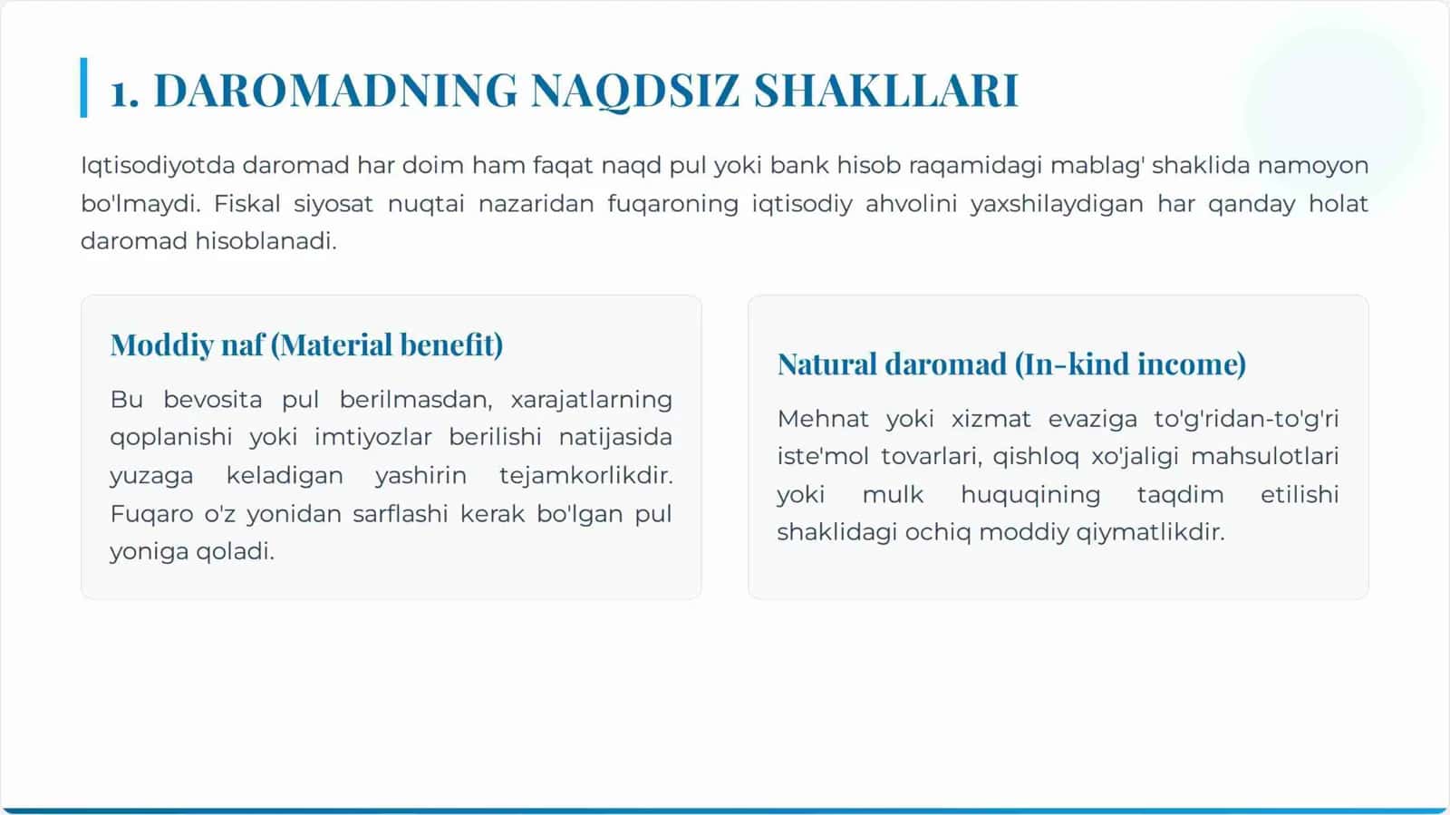 Moddiy naf va natural daromadlar. Baholash va soliqqa tortish muammolari 3