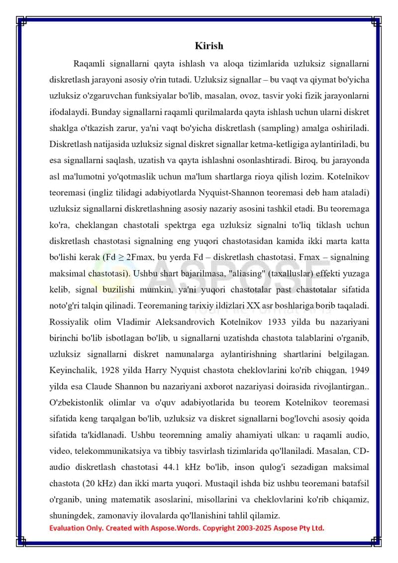 Uzluksiz signallarni diskretlash Kotelnikov teoremasi 3