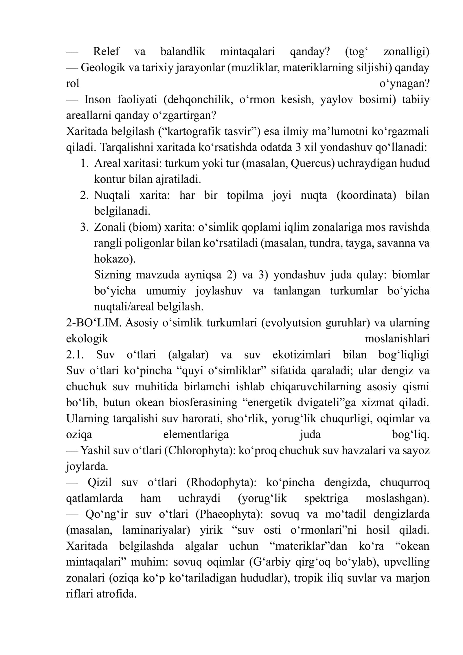 O‘simlik turkumlari va ularning tabiiy joylashishlari (xaritada belgilash) 3