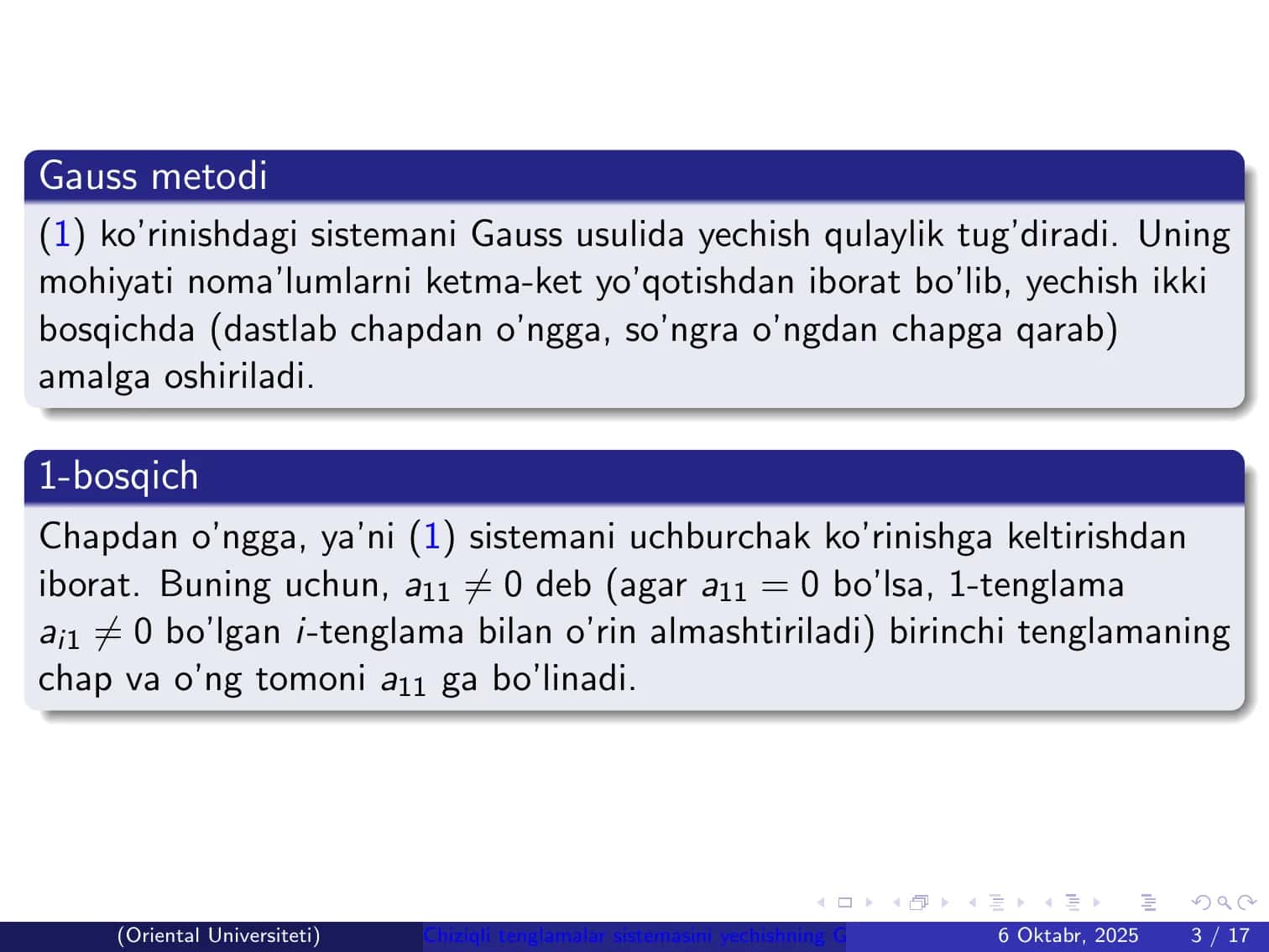 Chiziqli tenglamalar sistemasini yechishning Gauss va Gauss-Jordan usullari 3
