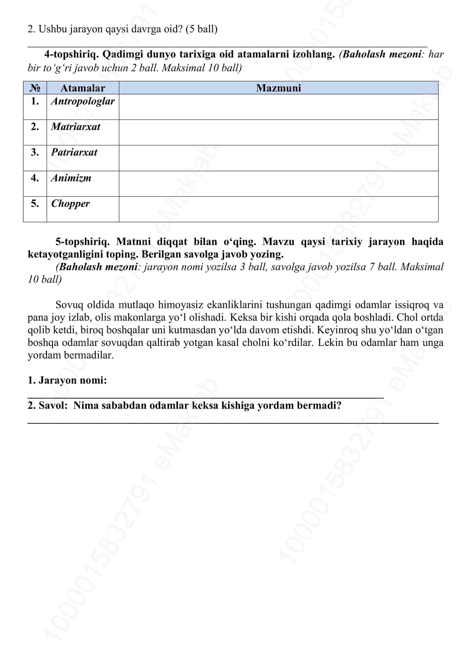 I chorak BSB (bob bo‘yicha summativ baholash) mavzulari va topshiriqlari 3