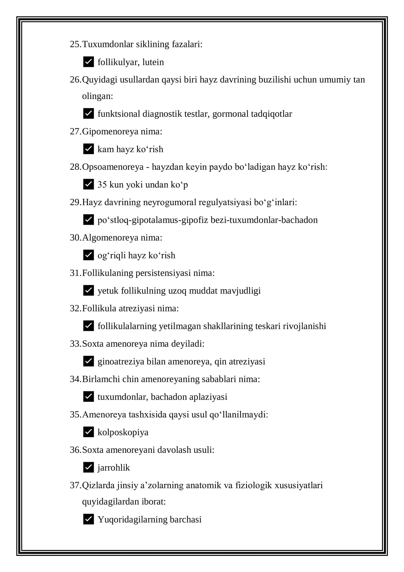 Bolalar va oʻsmir qizlar ginekologiyasi mutaxassisligi boʻyicha shakllantirilgan test savollari roʻyxati 3