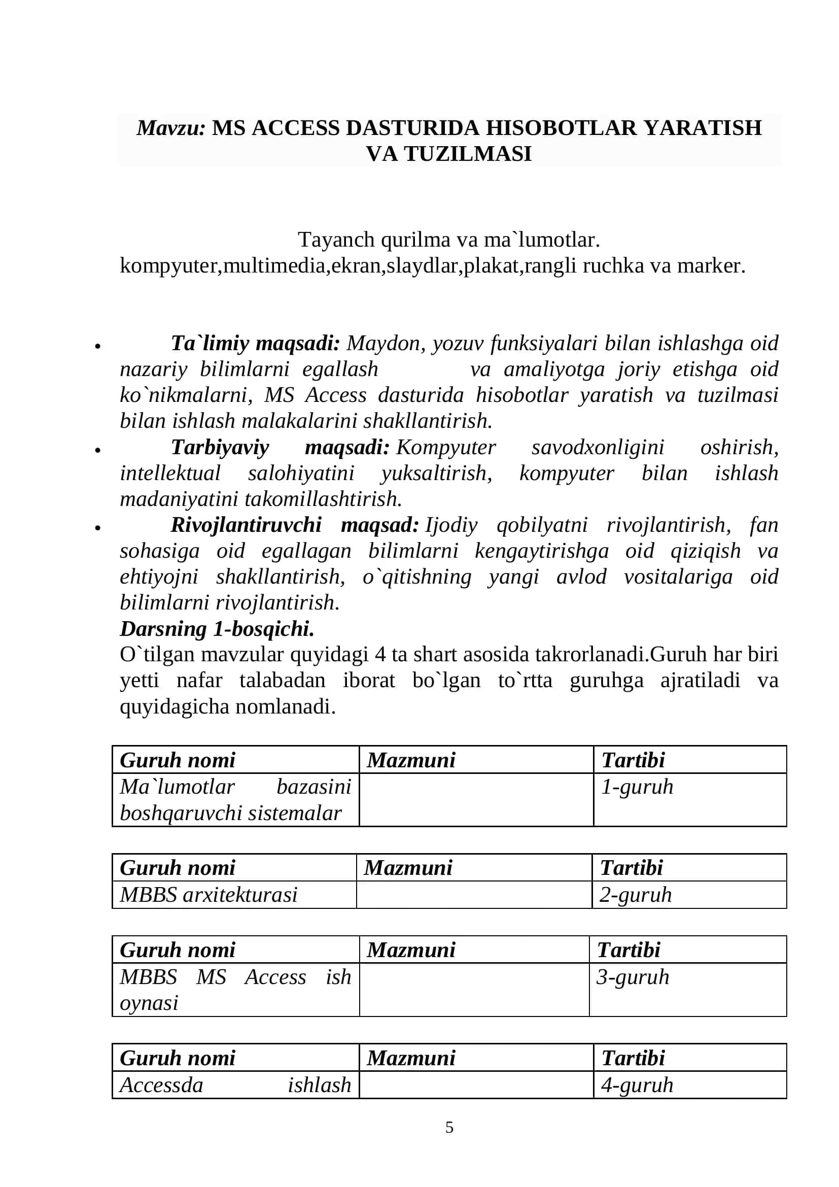 MS ACCESS DASTURIDA HISOBOTLAR YARATISH VA TUZILMASI 3