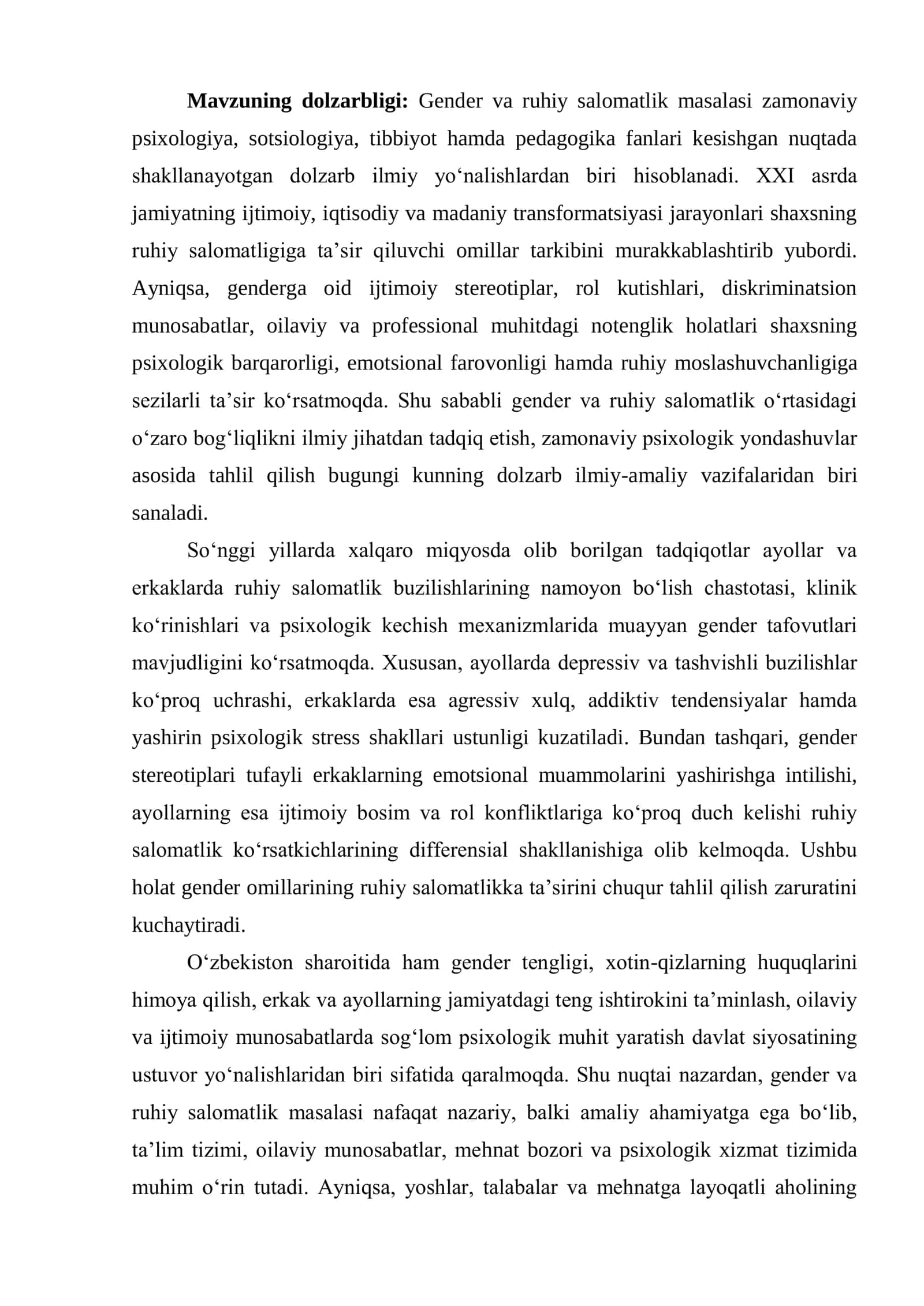 GENDER VA RUHIY SALOMATLIK: ZAMONAVIY YONDASHUVLAR 3