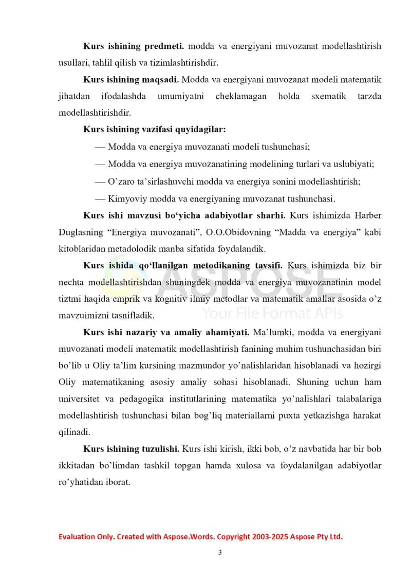 Modda va energiyani muvozanat modeli 3