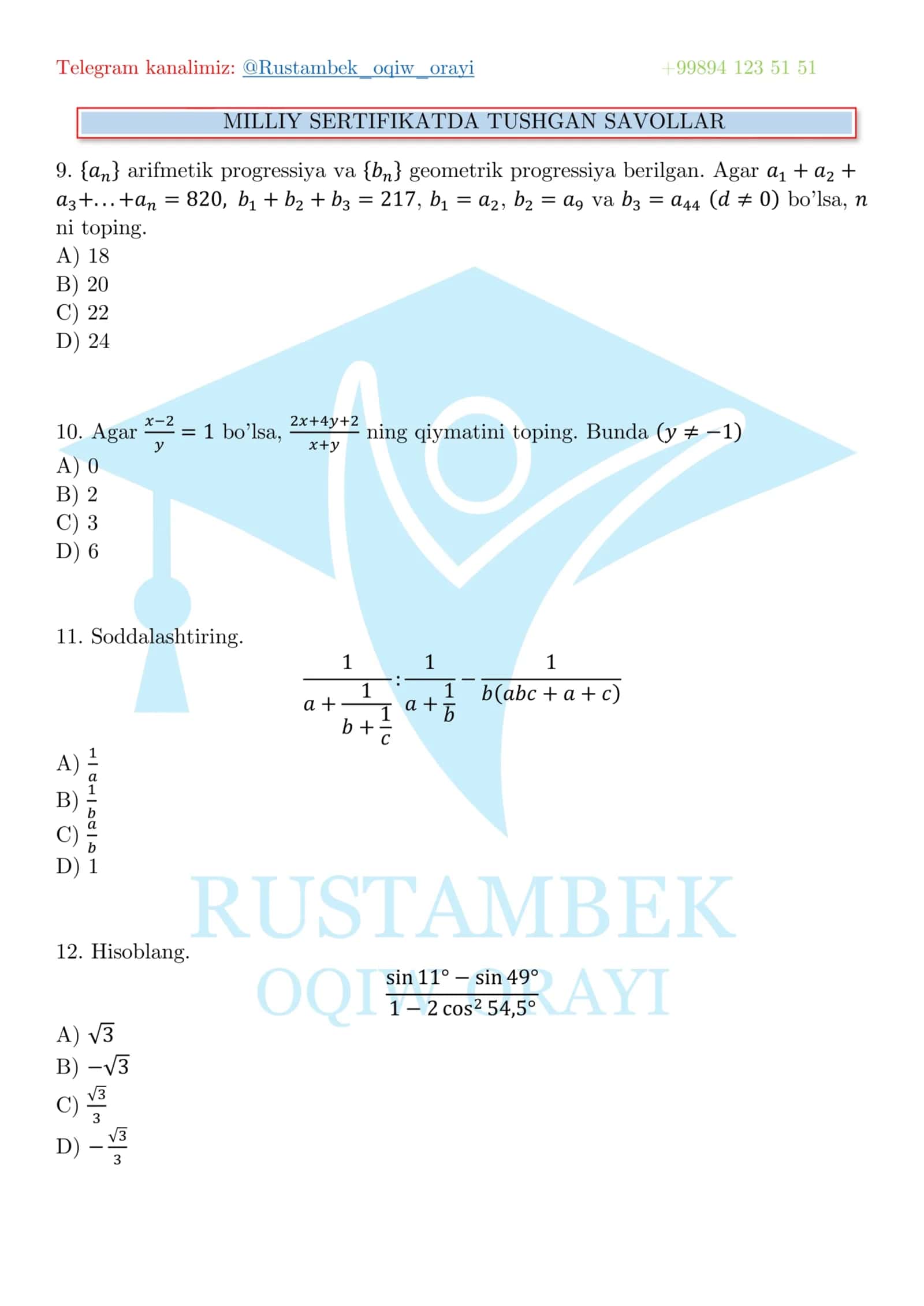 Matematika milliy sertifikat savollari 3
