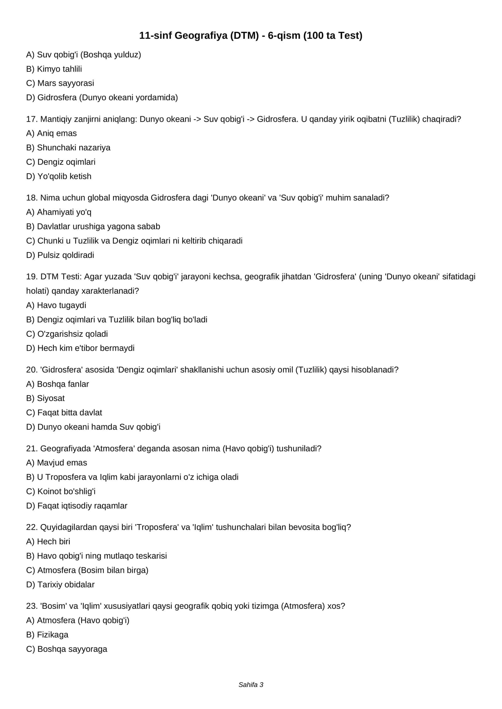 11-sinf Geografiya (DTM) - 6-qism (100 ta Test) 3