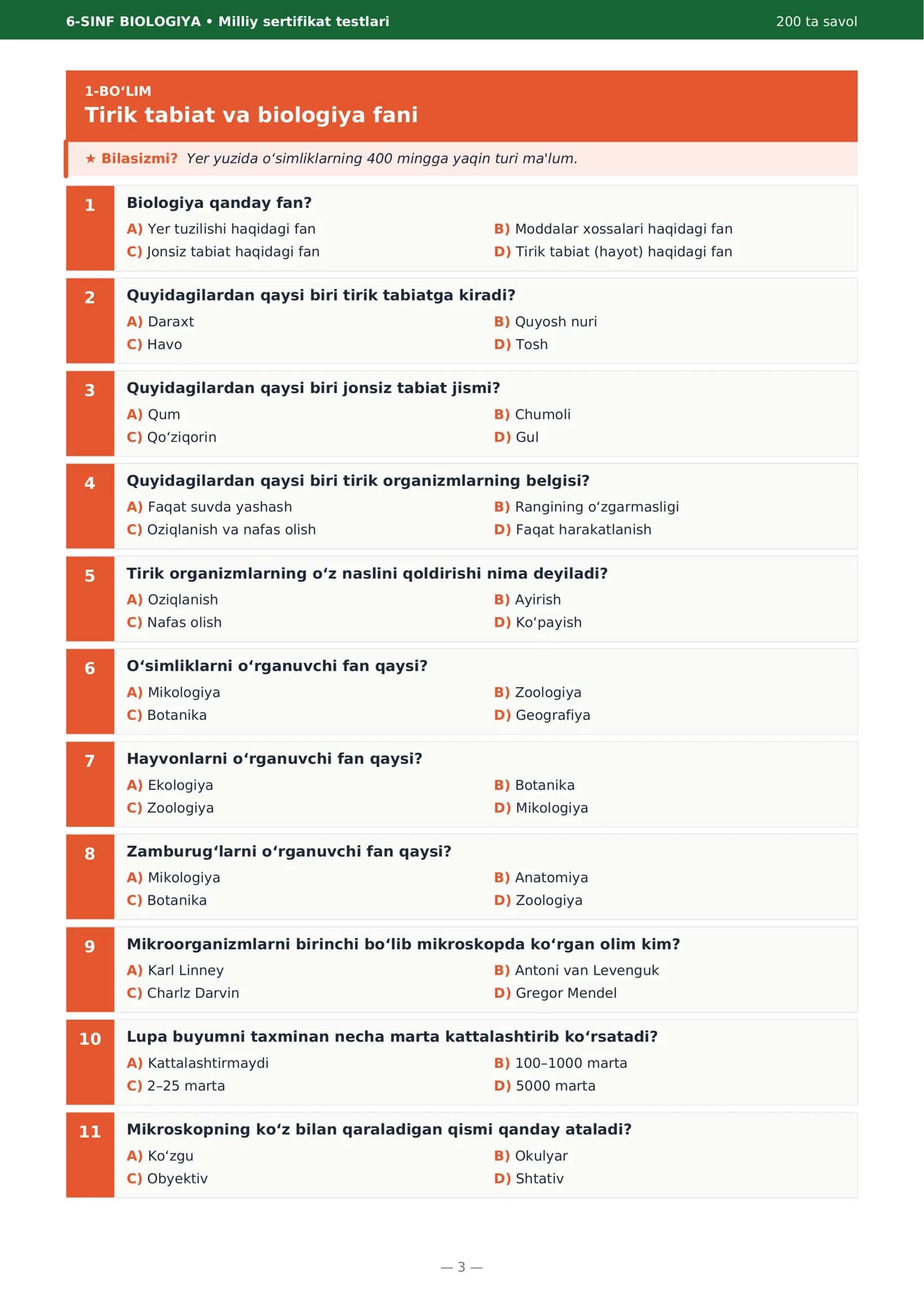 6-SINF BIOLOGIYA • Milliy sertifikat testlari 3