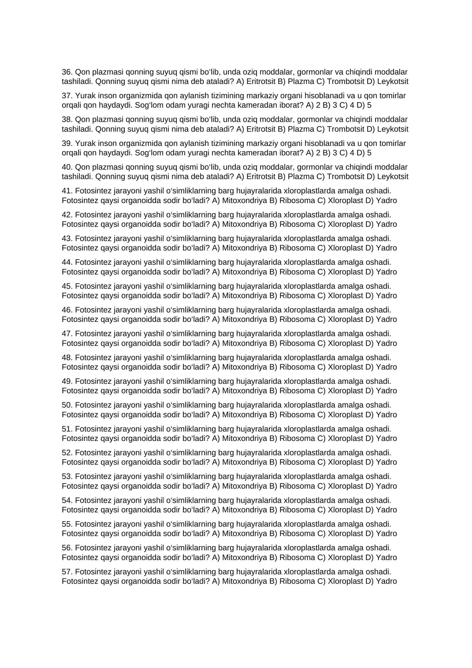 9-SINF BIOLOGIYA FANIDAN 100 TA SIFATLI TEST SAVOLLARI 3