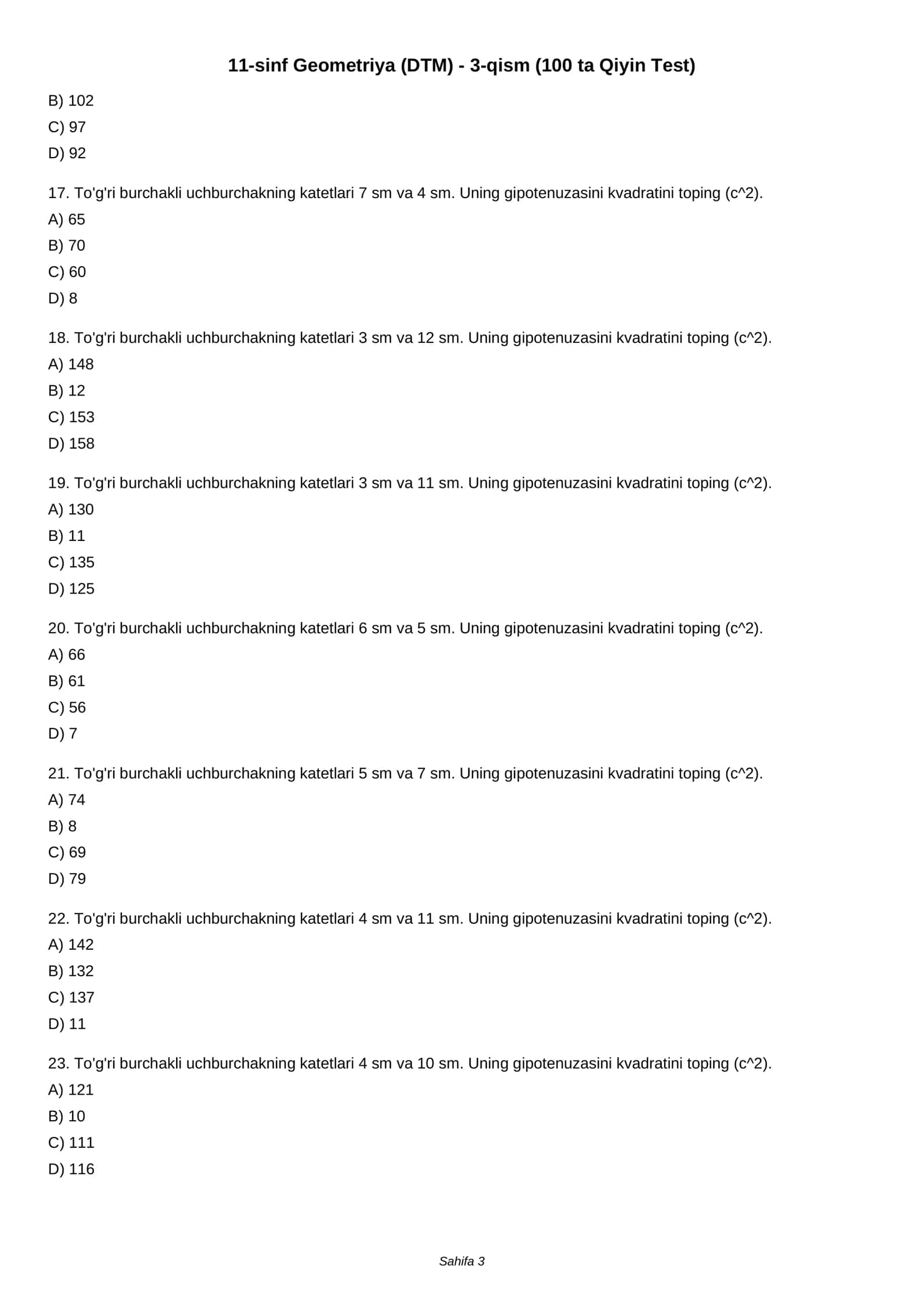 11-sinf Geometriya (DTM) - 3-qism (100 ta Qiyin Test) 3