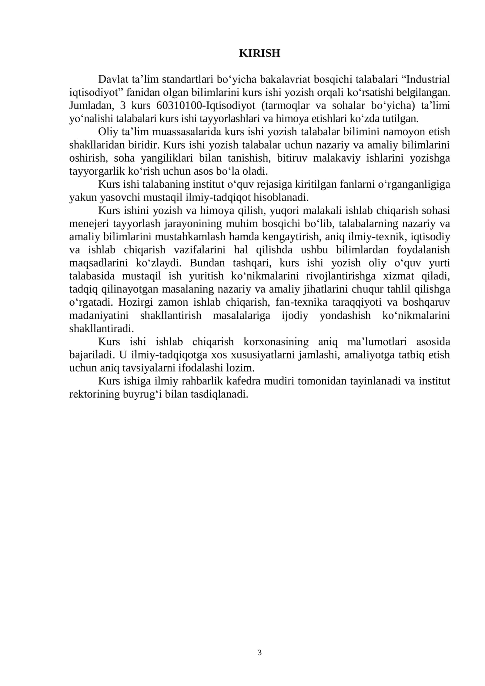 Industrial Iqtisodiyot fanidan kurs ishi yozish va baholash boy'icha uslubiy ko'rsatma 3