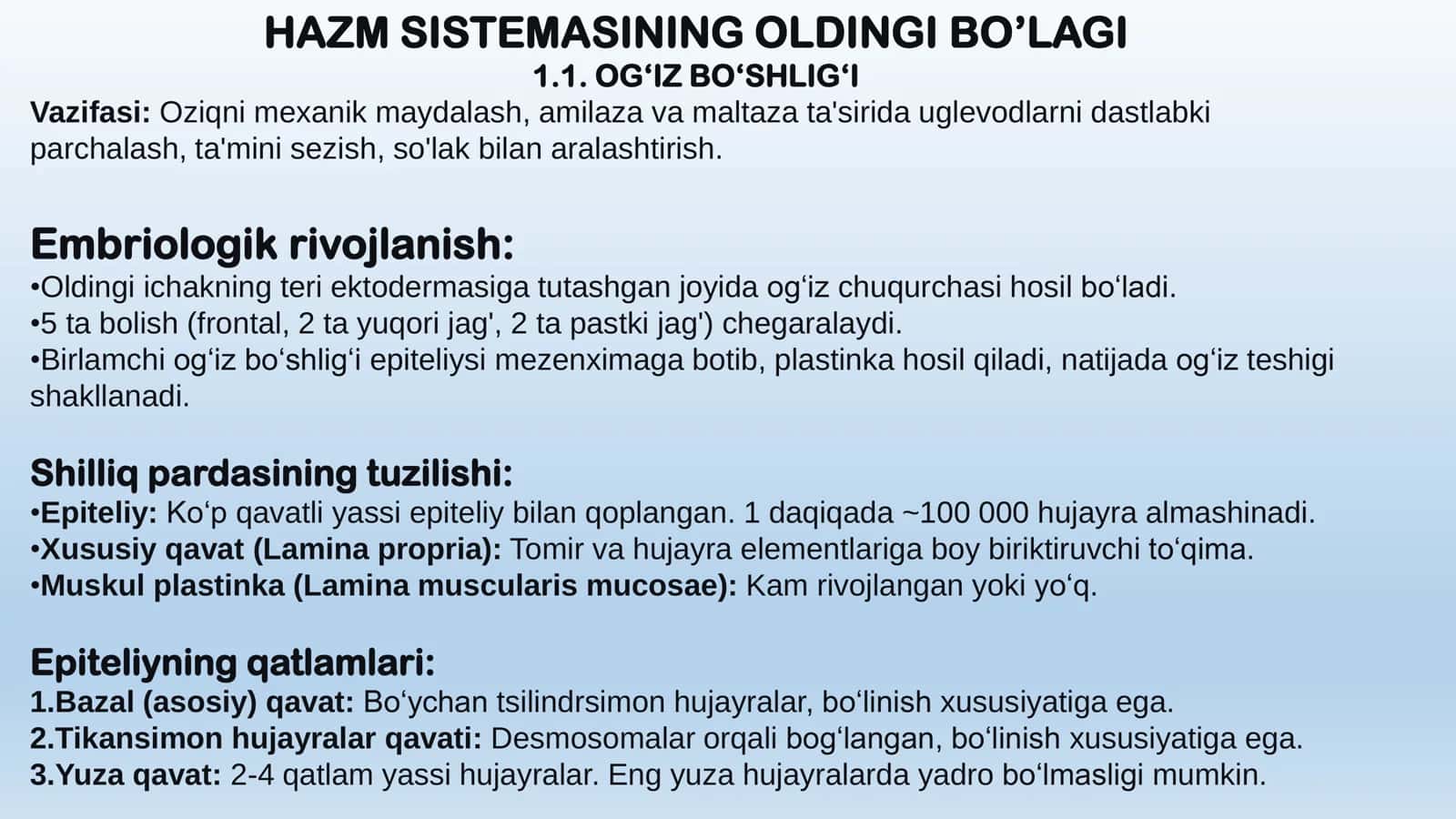 Hazm Sistemasining oldingi va o'rta bo'limlari: og'iz bo'shlig'idan medagacha 3