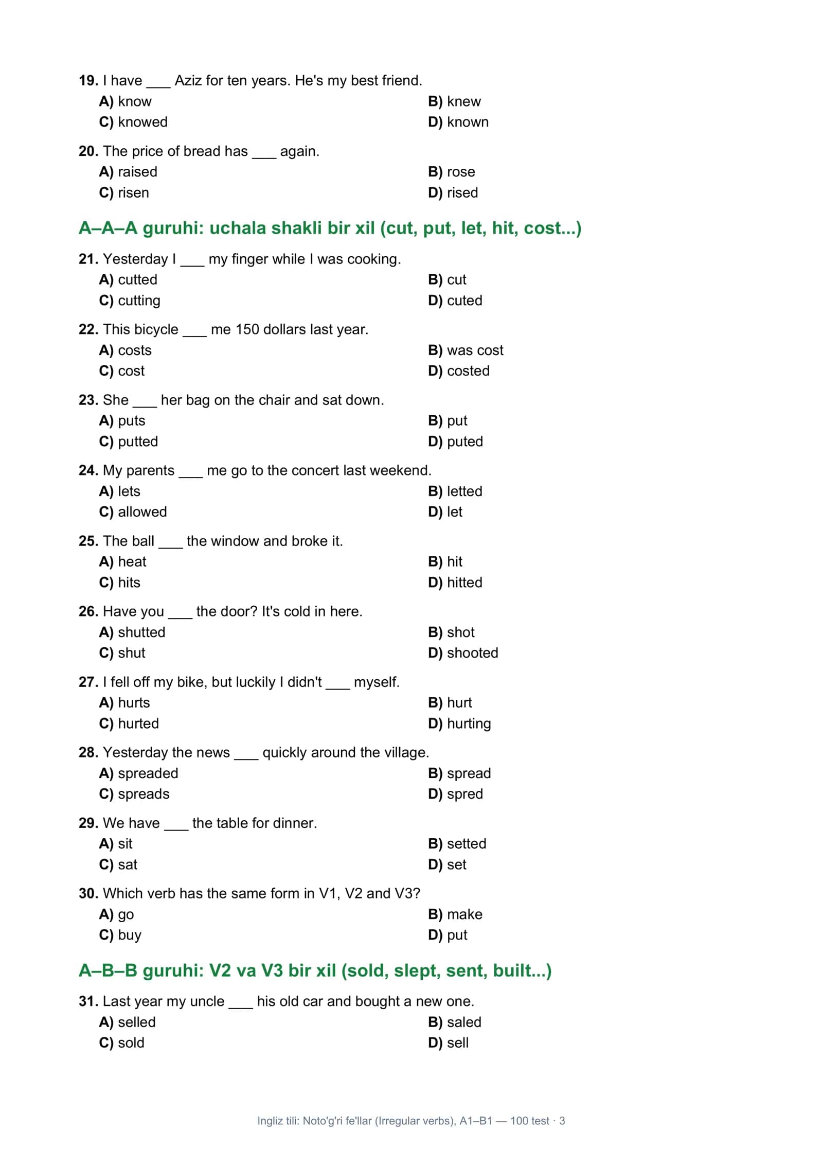 Ingliz tili: Noto'g'ri fe'llar (Irregular verbs) 3