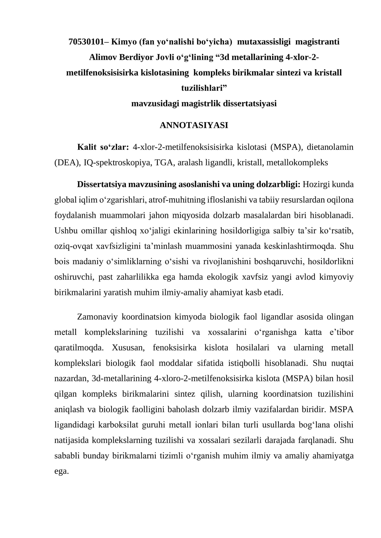 3D Metallarining 4-Xlor-2-Metilfenoksisisirka Kislota Kompleks Birikmalar Sintezi va Kristall Tuzilishlari 3