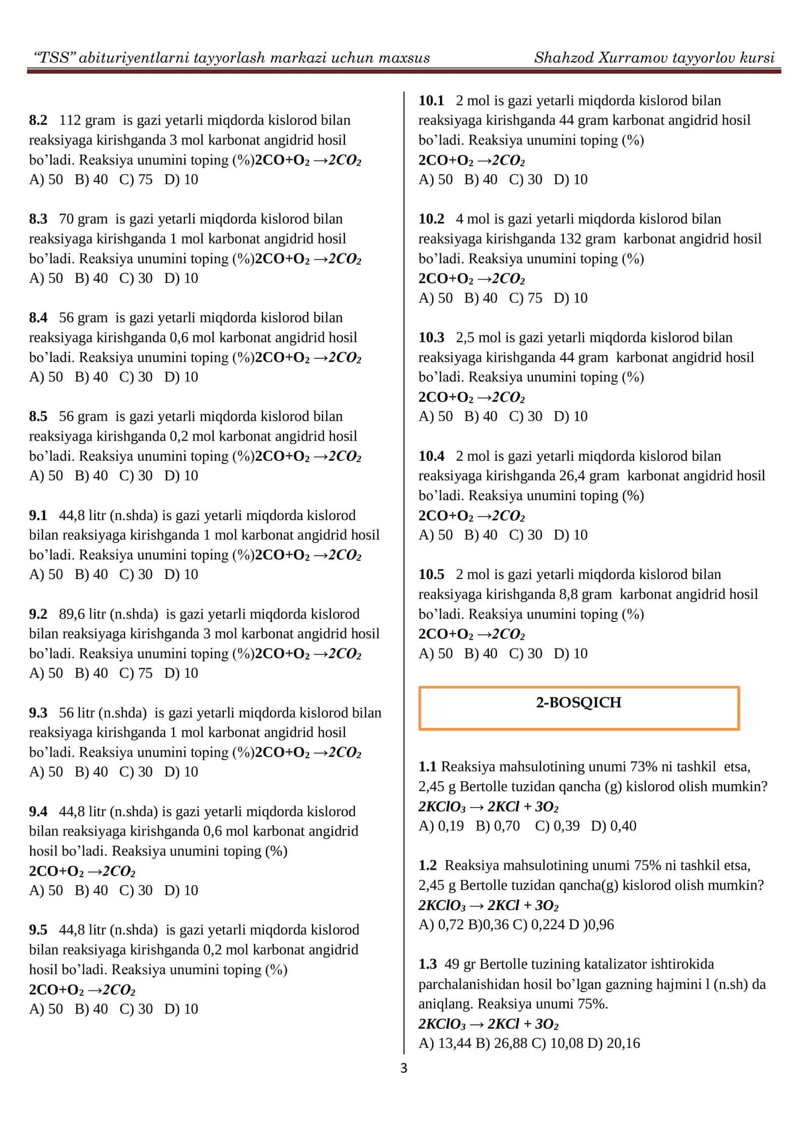 Kimyodan maxsus masalalar to'plami DTM FORMATIDA KALITI bilan 3