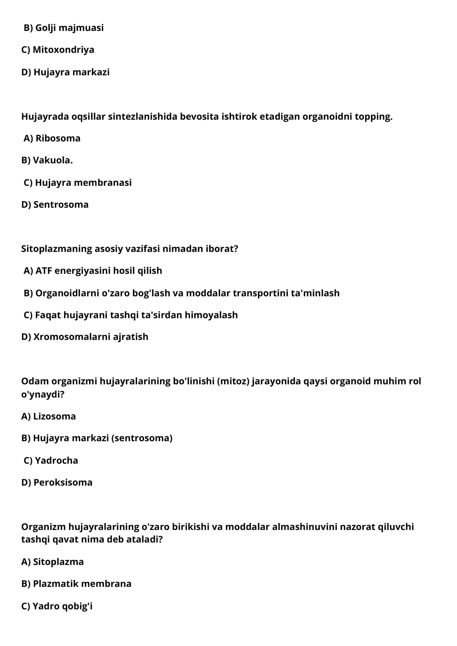8 sinf Biologiya darsligi bo'yicha Mavzulashtirilgan Testlar, javoblari bilan birga 3