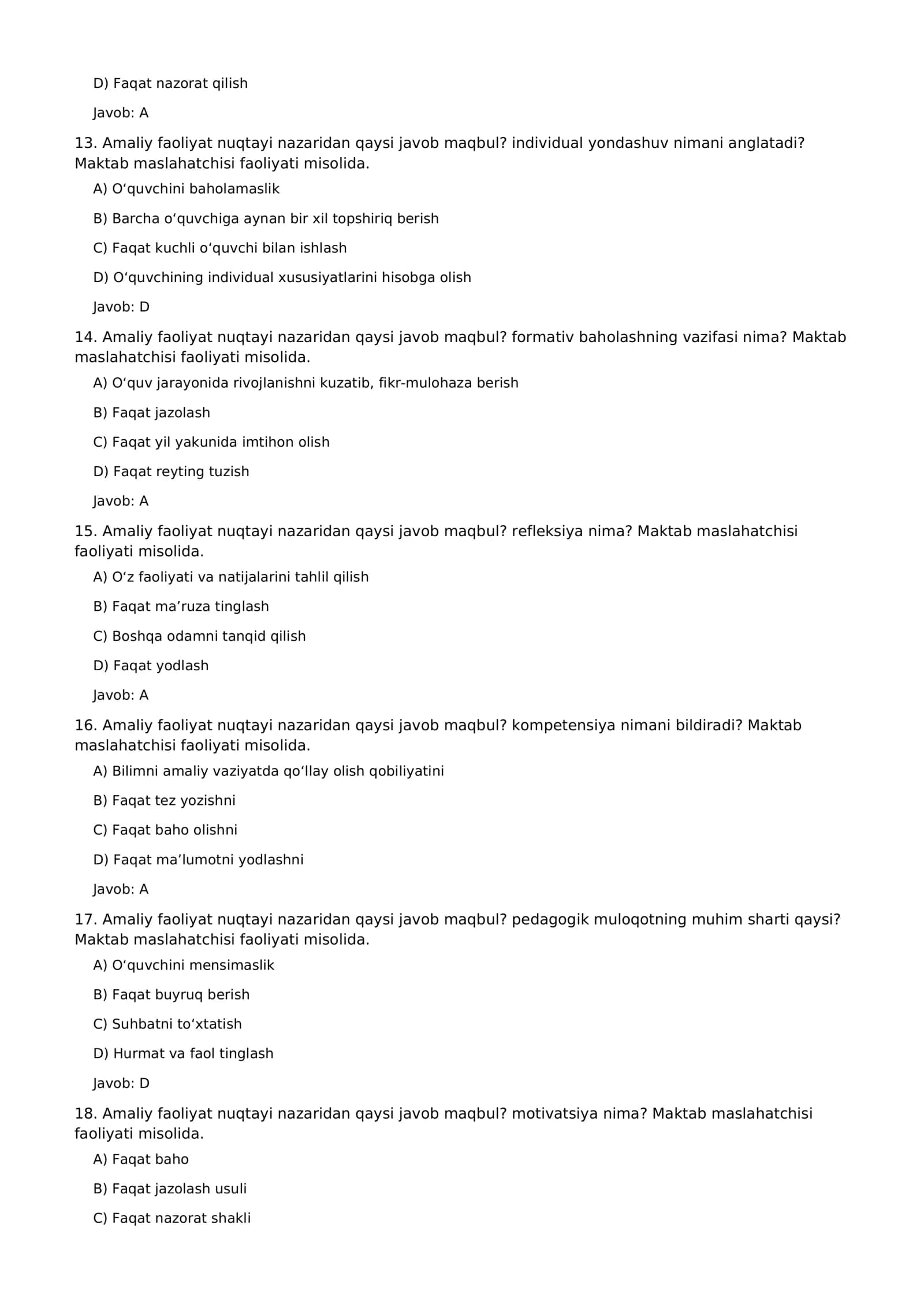 Maktab maslahatchisi — 1000 ta test savollari va javoblari 3
