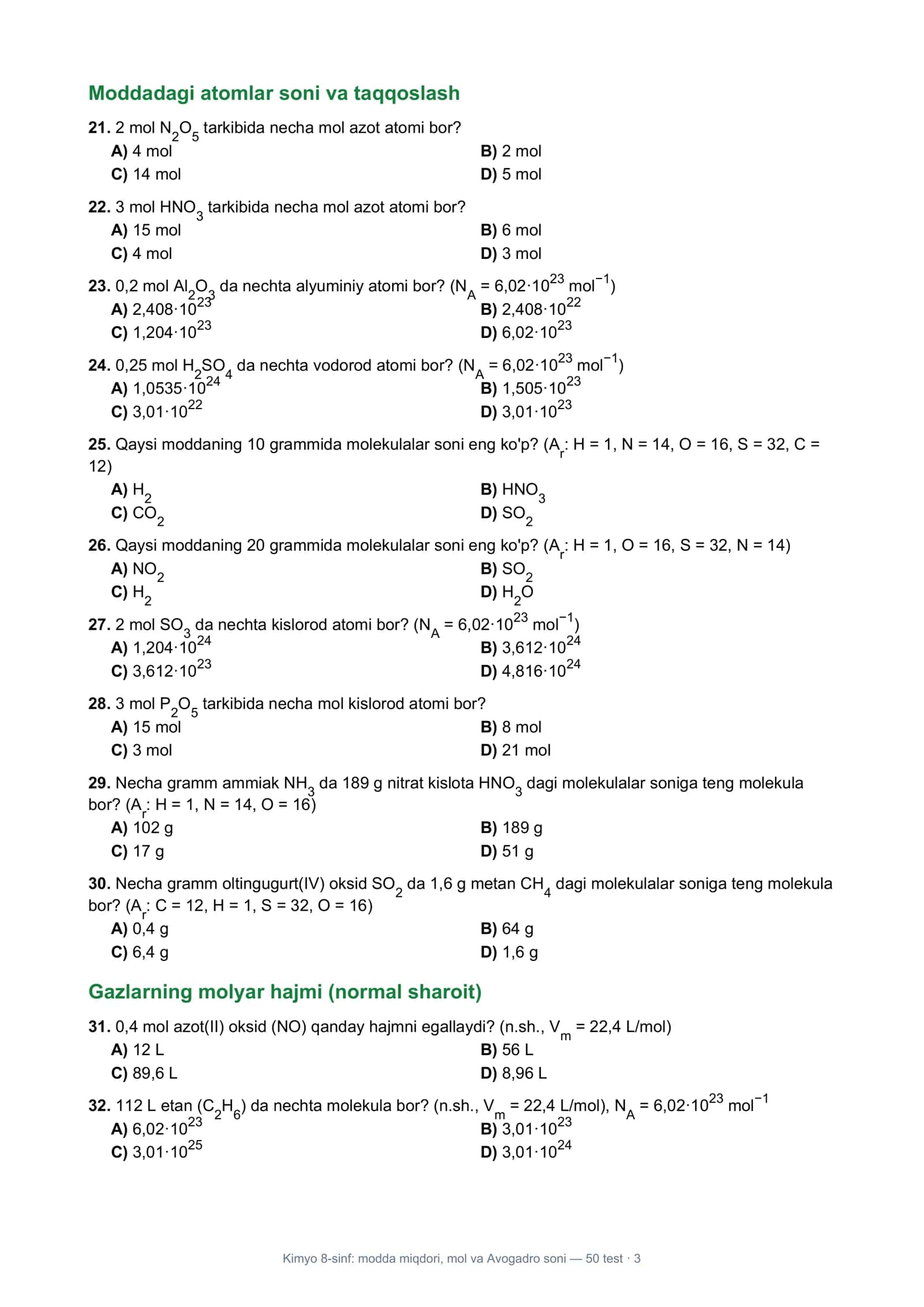 Kimyo 8-sinf: modda miqdori, mol va Avogadro soni — 50 test · 1 3