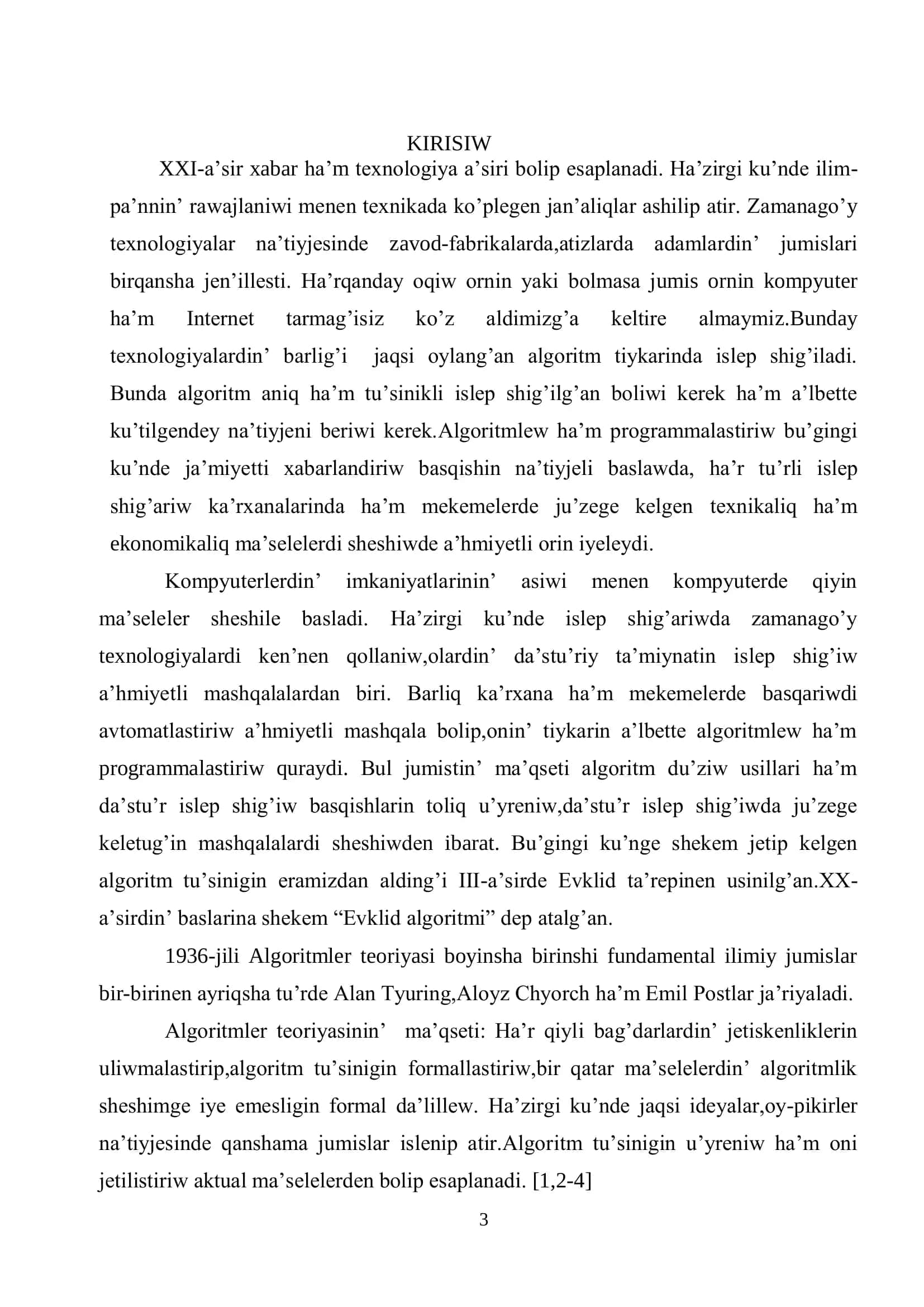 Algoritmlerdi du’ziw ha’m analizlew usillari TEMASINDA REFERAT 3