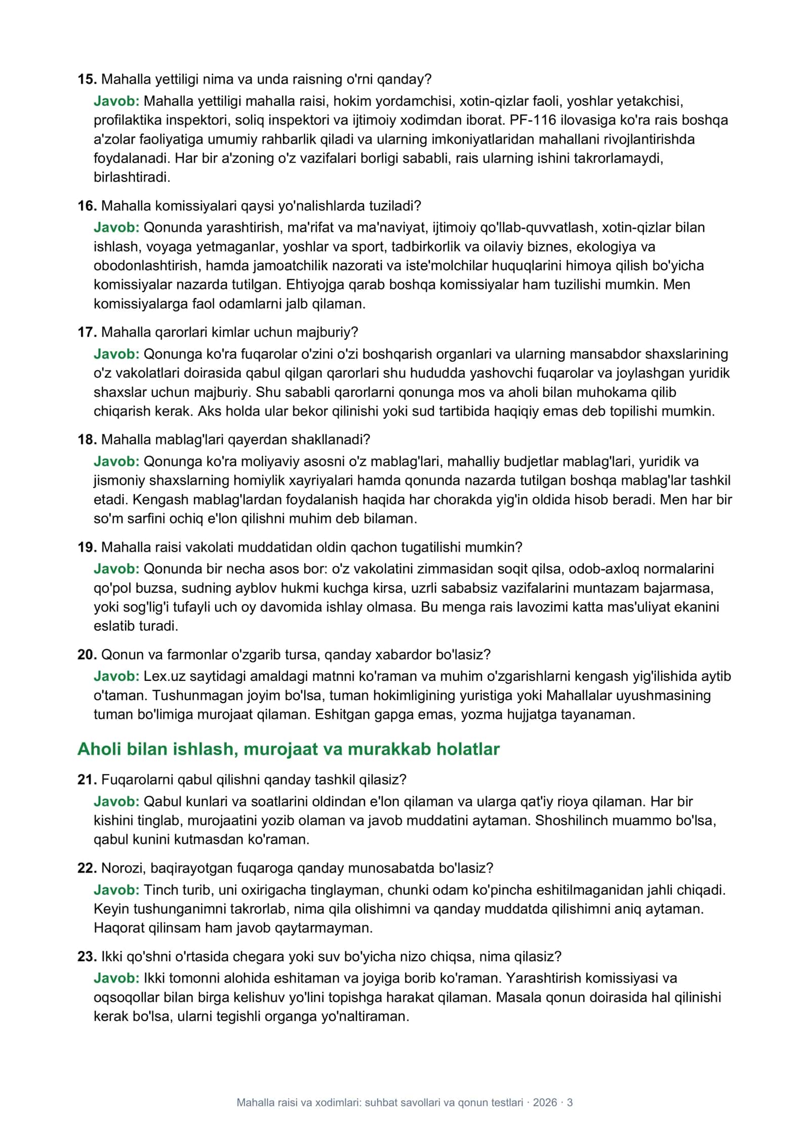 Mahalla raisi va xodimlari: suhbat savollari va qonun testlari 3