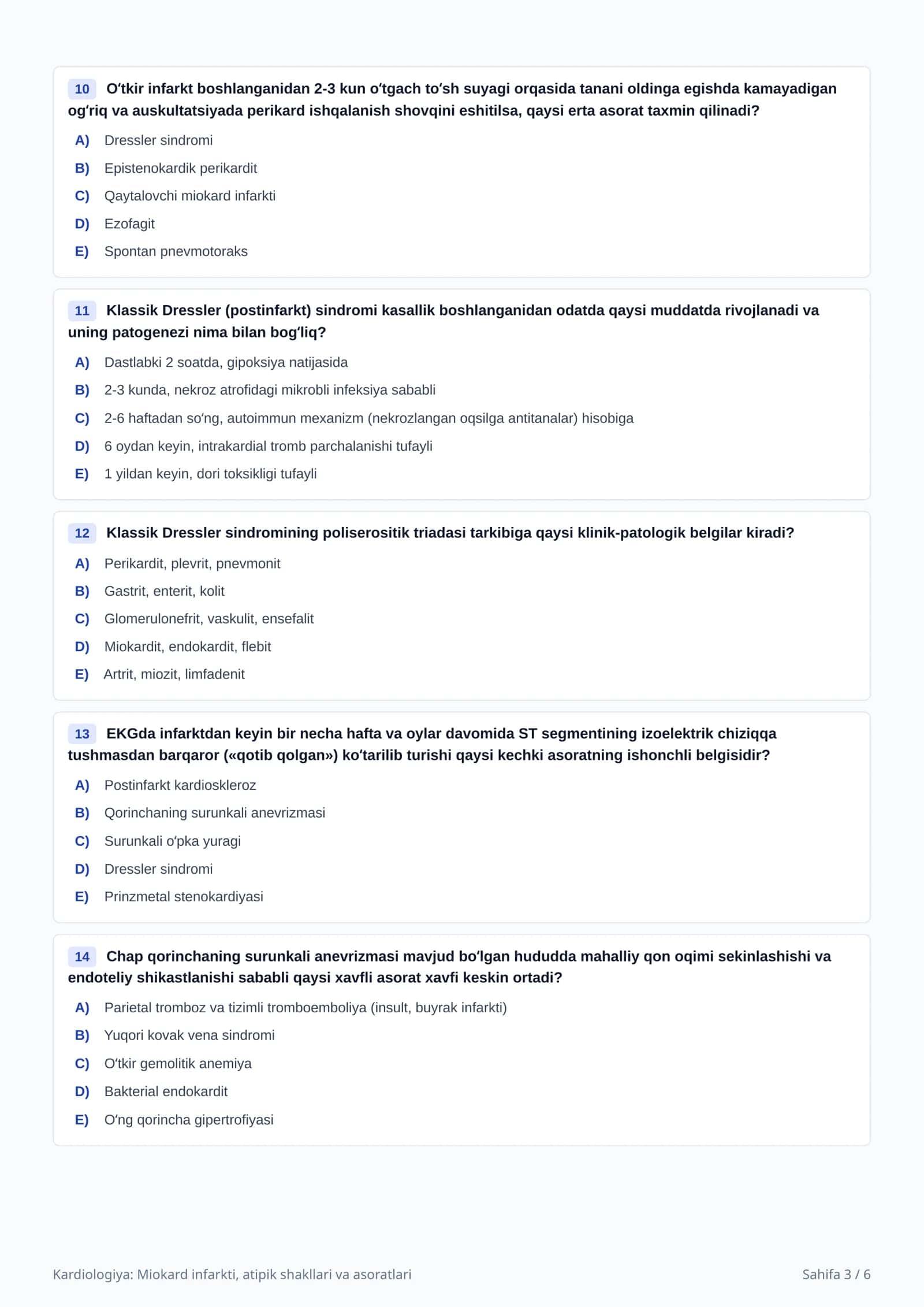 Miokard Infarkti: Test Savollari 3