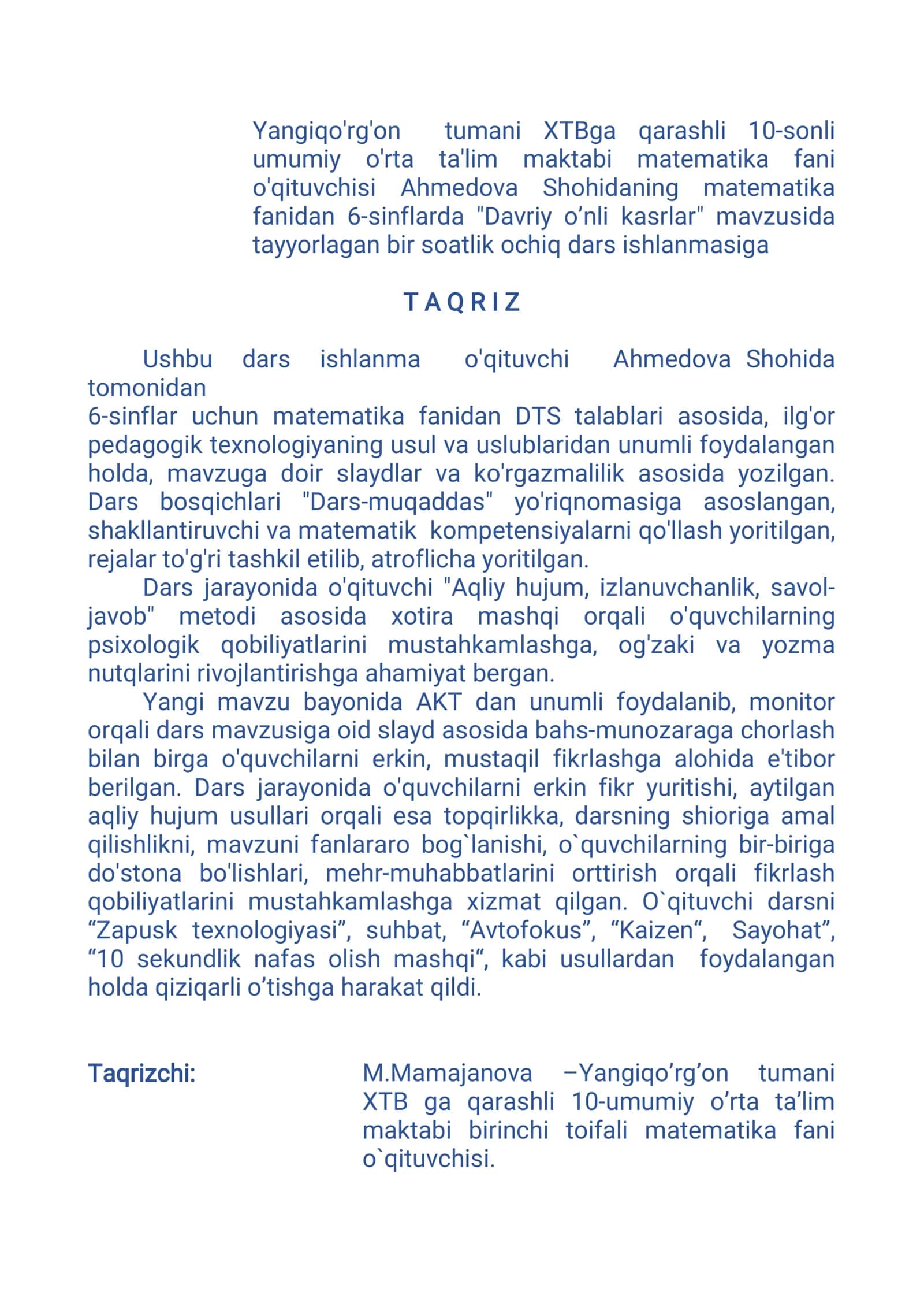 6-sinf Matematika fanidan Davriy o'nli kasrlar mavzusida ochiq dars ishlanma 3