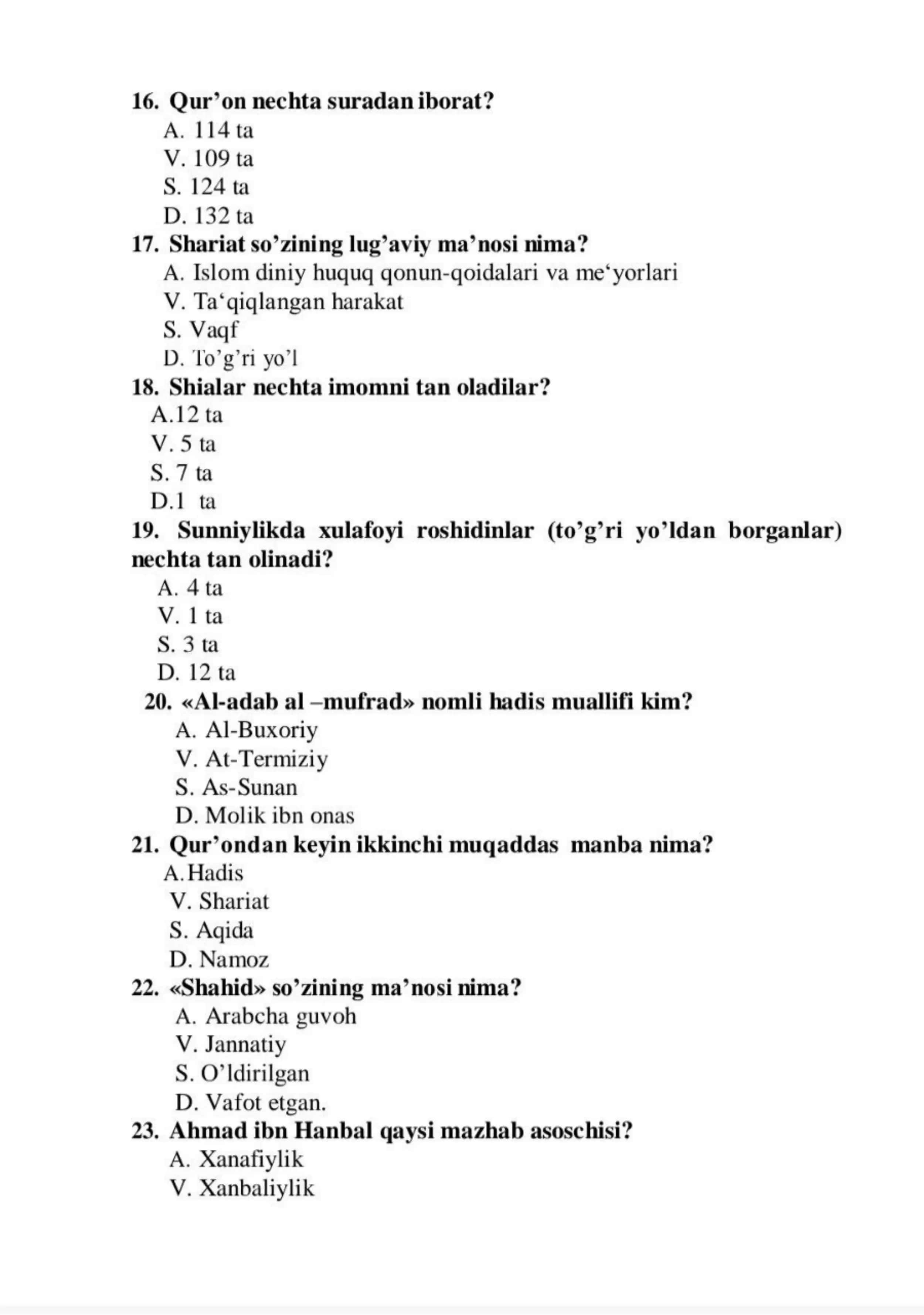 Dinshunoslik 100 talik test 3