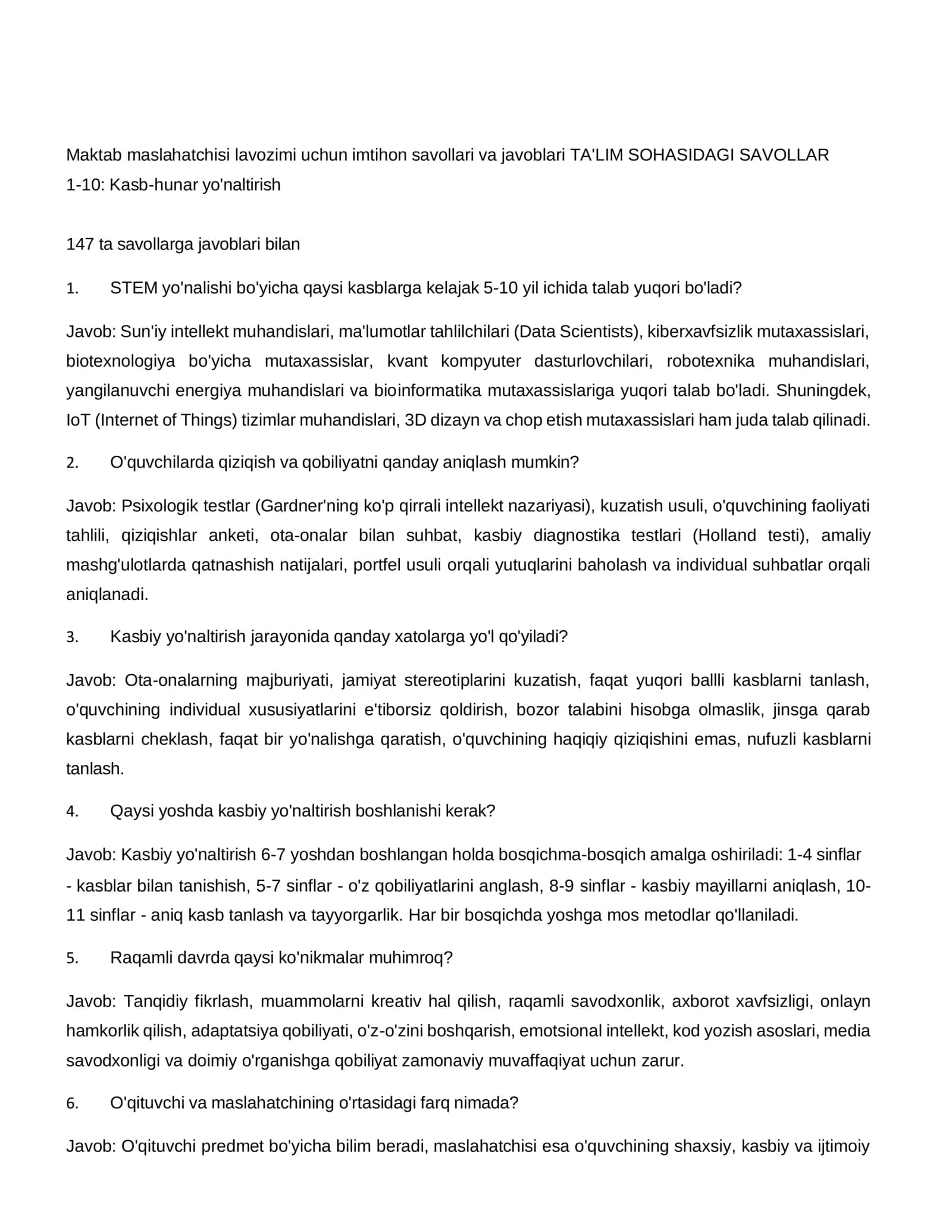 Maktab maslahatchisi lavozimi uchun imtihon savollari va javoblari 147 ta 3
