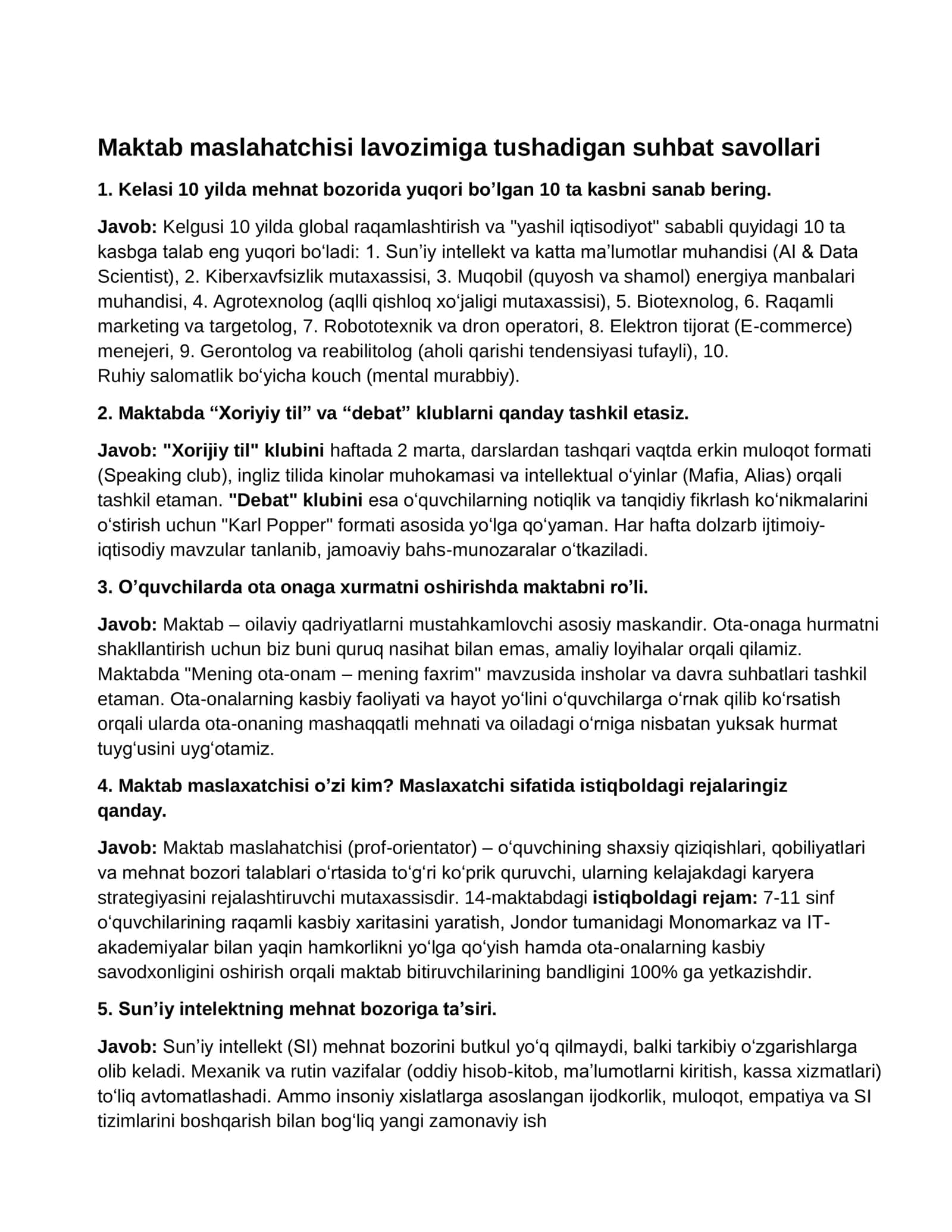 Maktab maslahatchisi lavozimiga tushadigan suhbat savollari 137 ta 3
