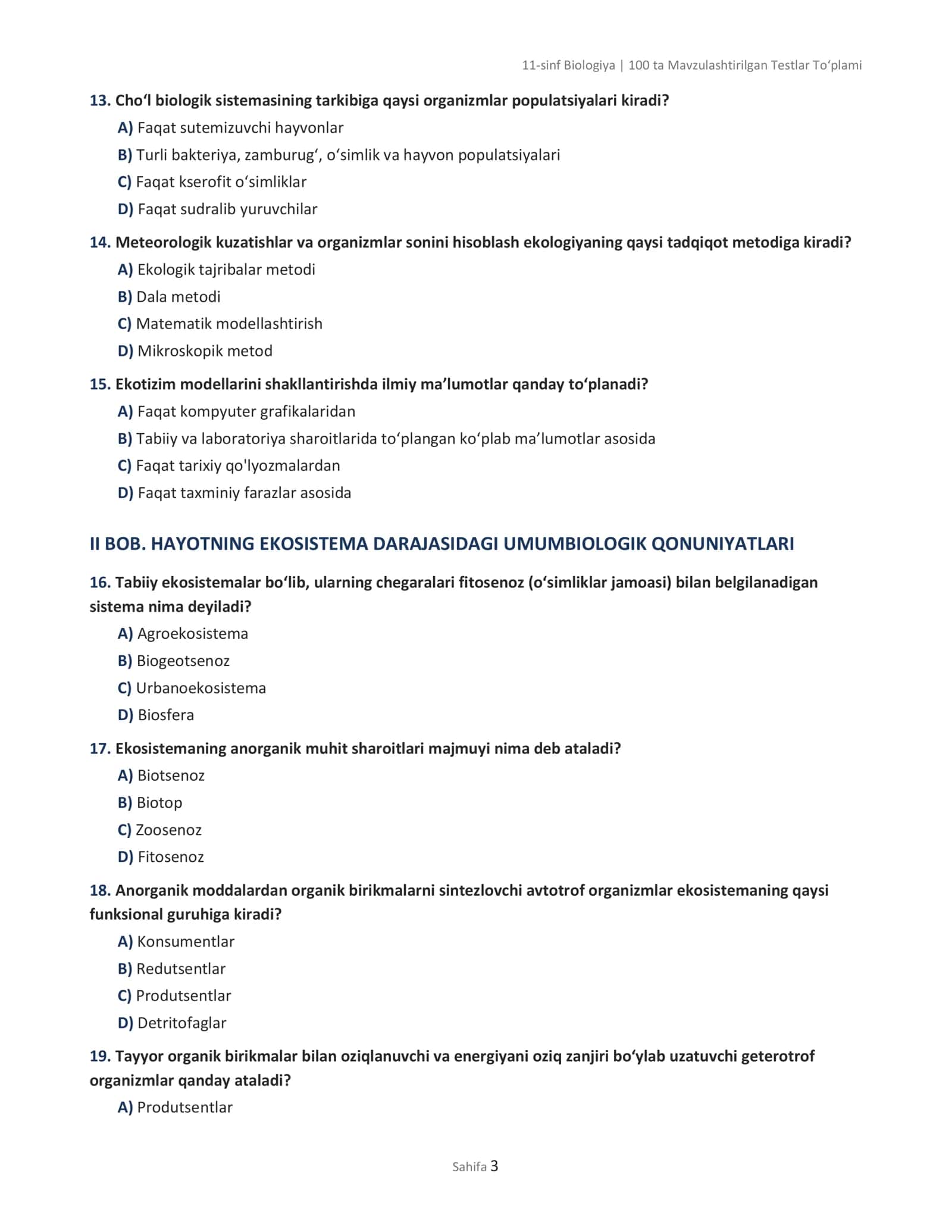 11-sinf Biologiya | 100 ta Mavzulashtirilgan Testlar To‘plami 3