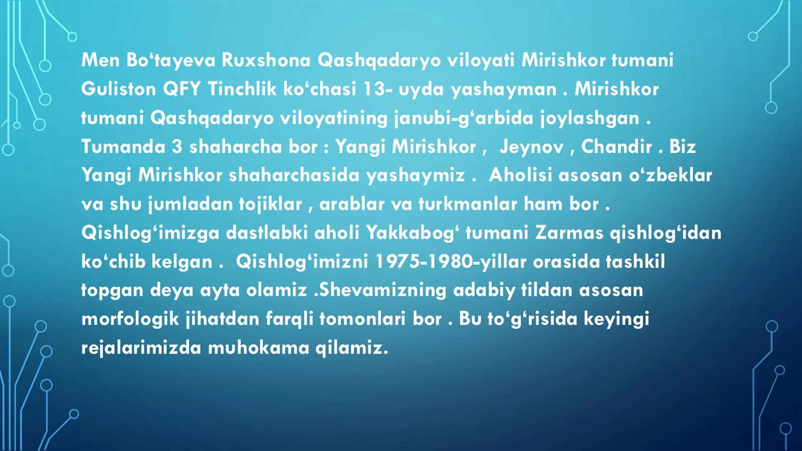 Qashqadaryo viloyati Mirishkor tumani Guliston QFY qarluq shevalari haqida 3